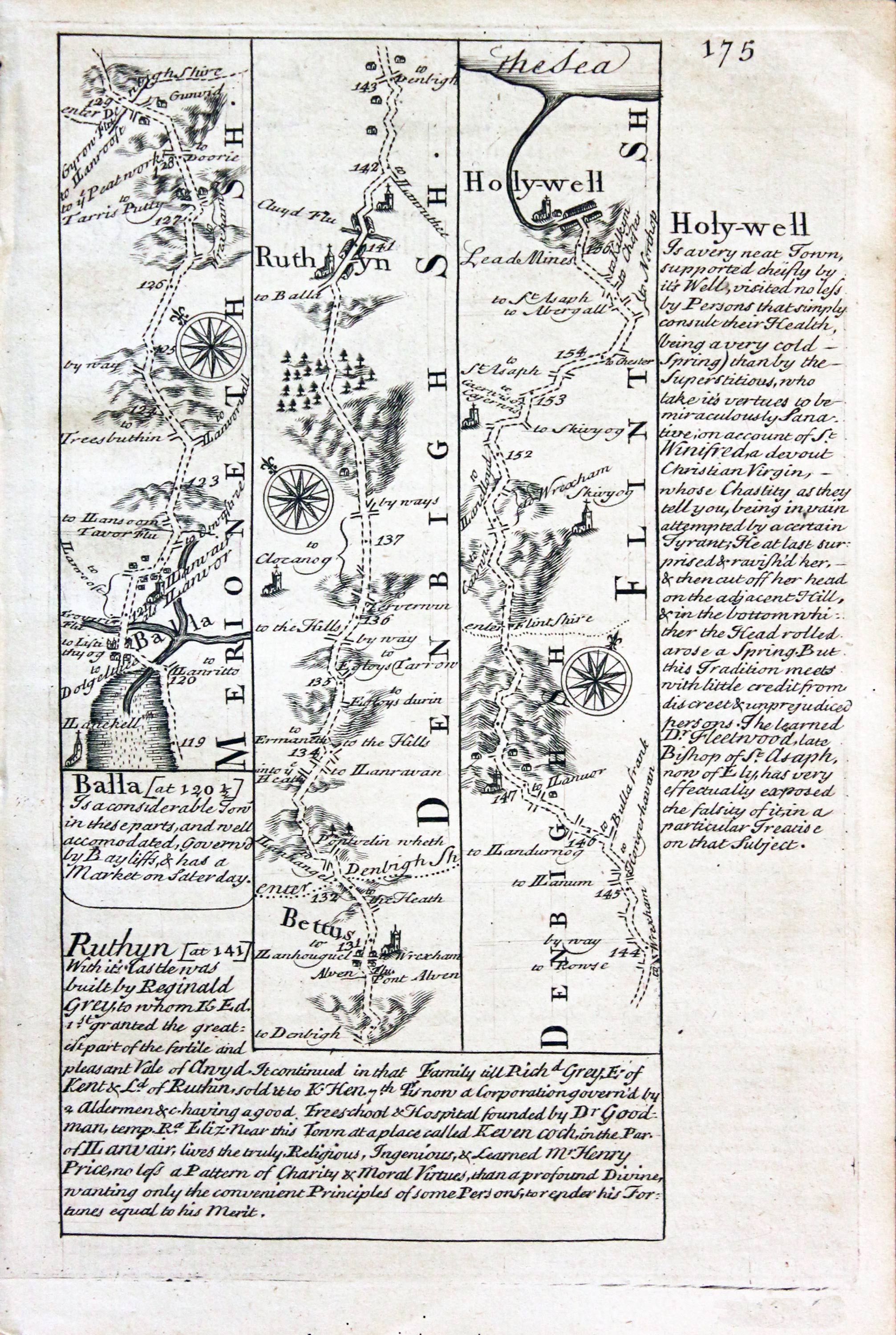 Road map Bala, Bettws y Coed, Ruthin, Holywell Owen/Bowen c.1730