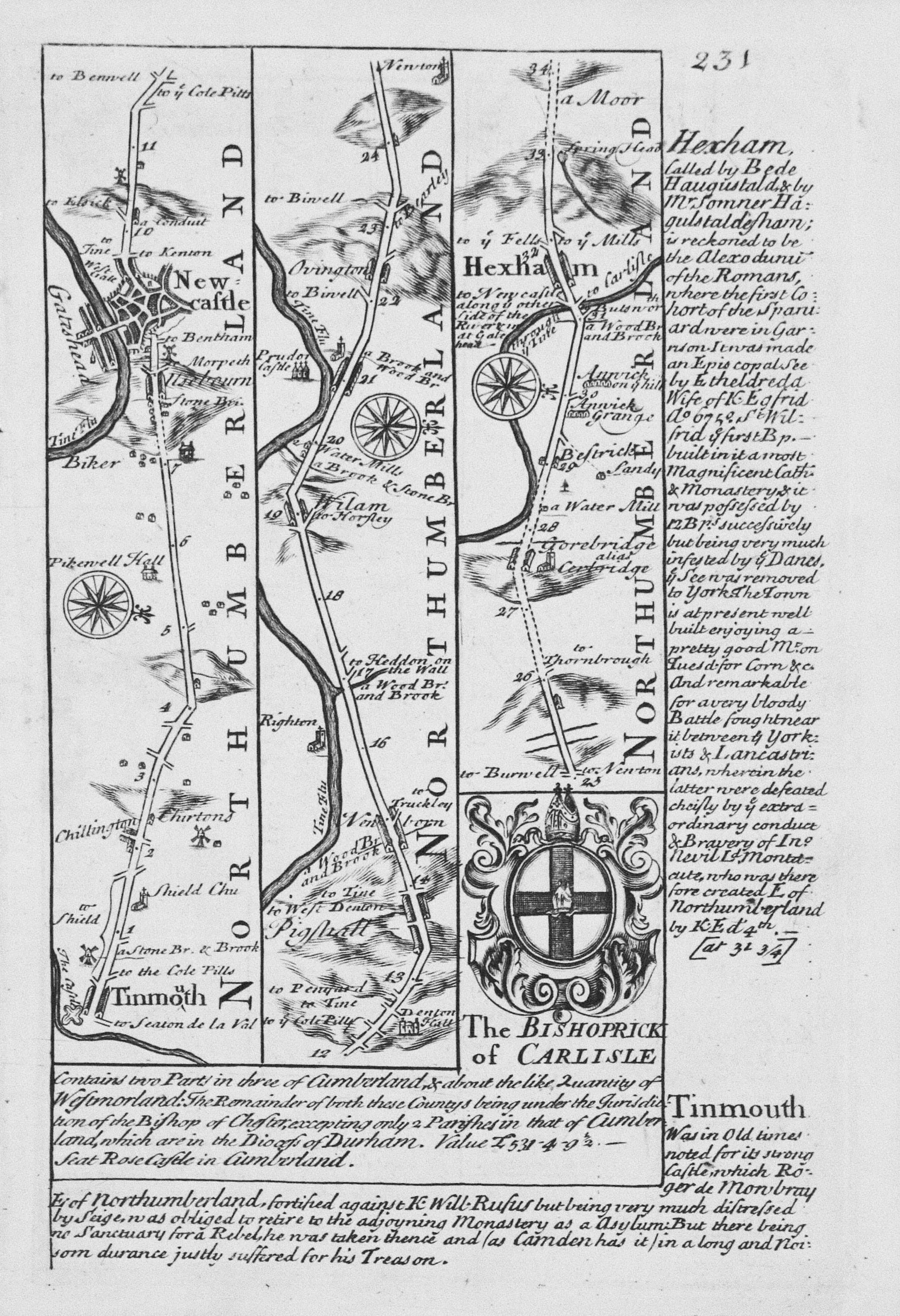 Road map Tynemouth, Newcastle, Hexham, Haltwhistle, Carlisle Owen/Bowen c.1730