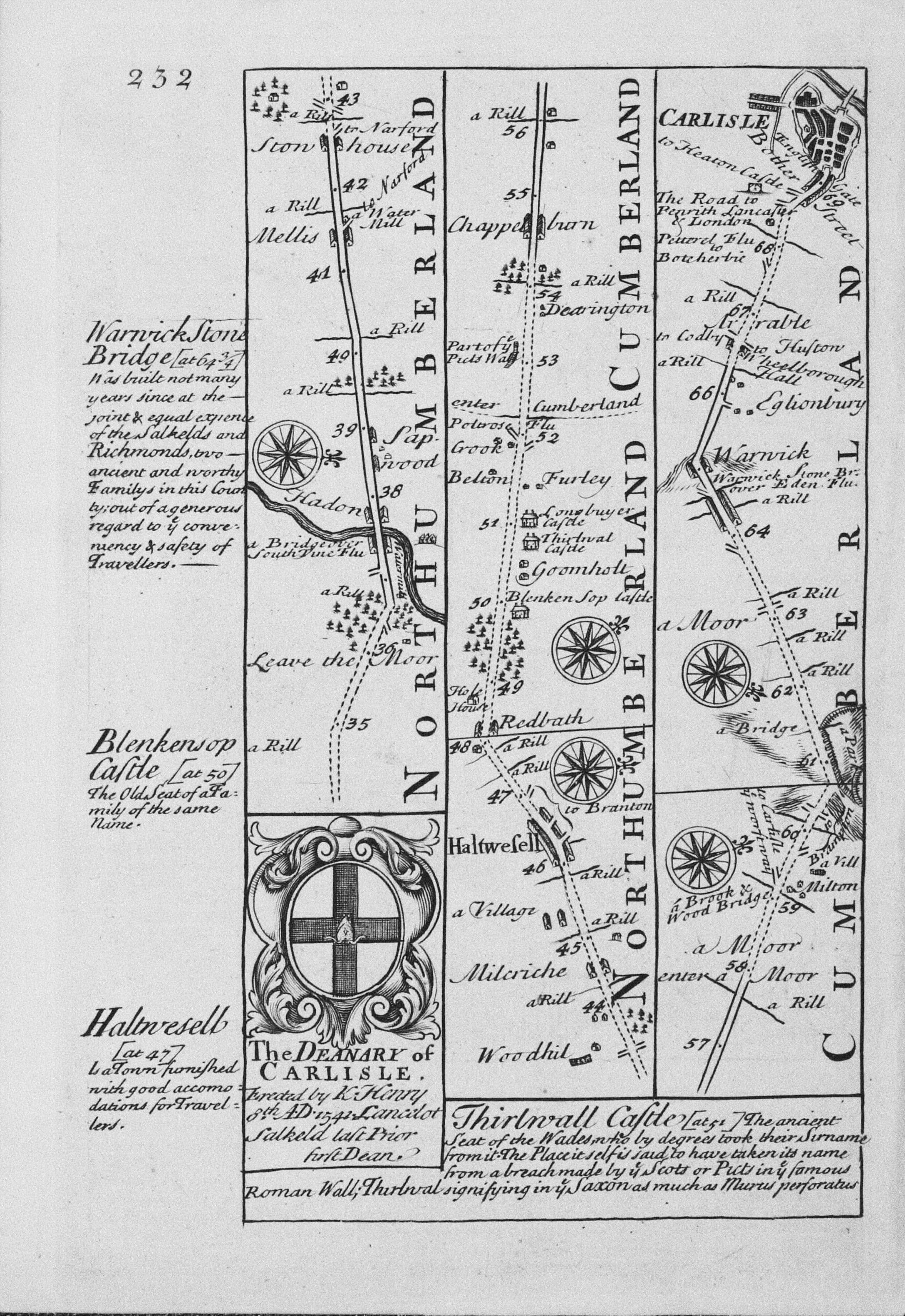 Road map Tynemouth, Newcastle, Hexham, Haltwhistle, Carlisle  Owen/Bowen c.1730