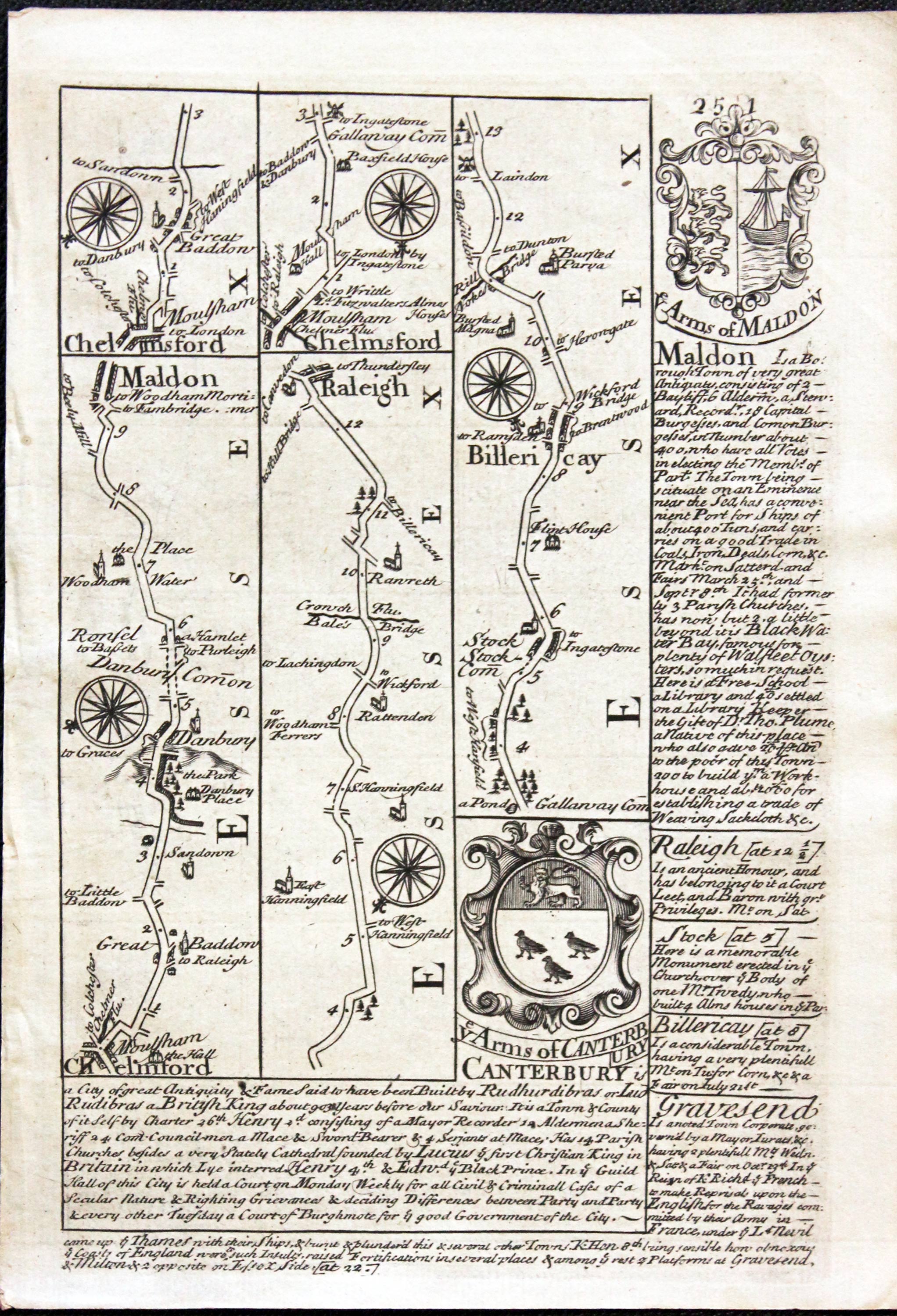 Road map Chelmsford to Maldon,Rayleigh and Dover Owen/Bowen c.1730