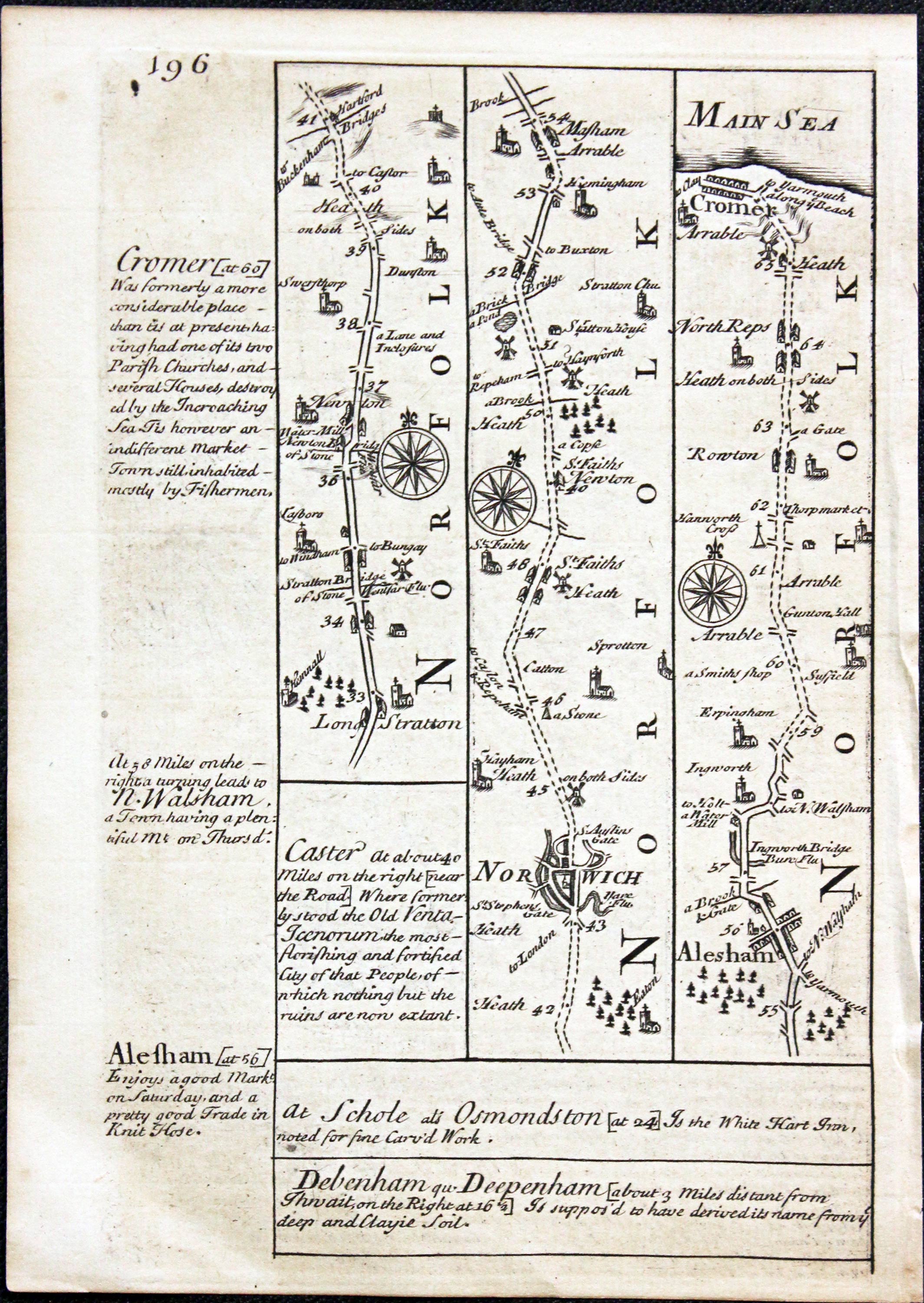Road map Ipswich, Norwich, Cromer Owen/Bowen c.1730
