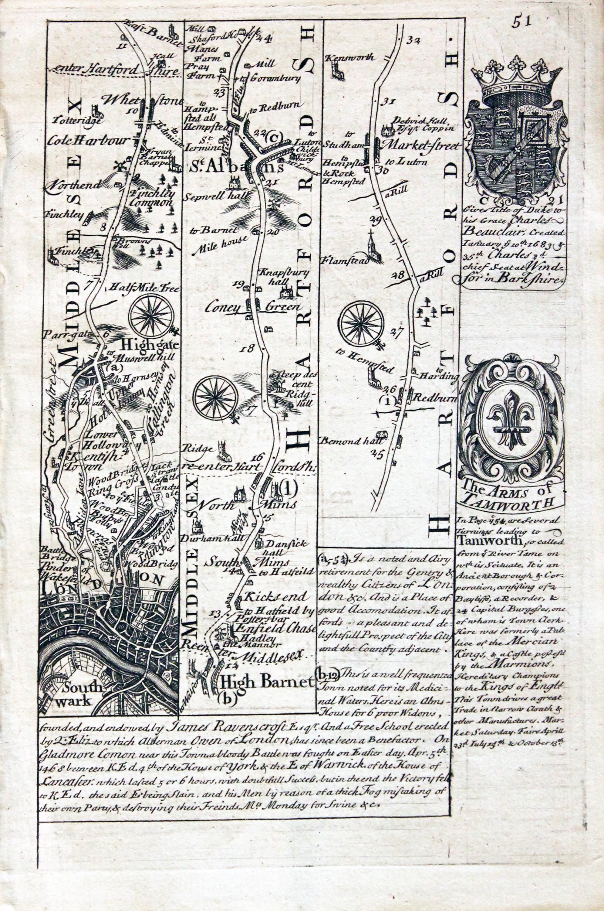 Road map London to Towcester. Owen/Bowen c.1730