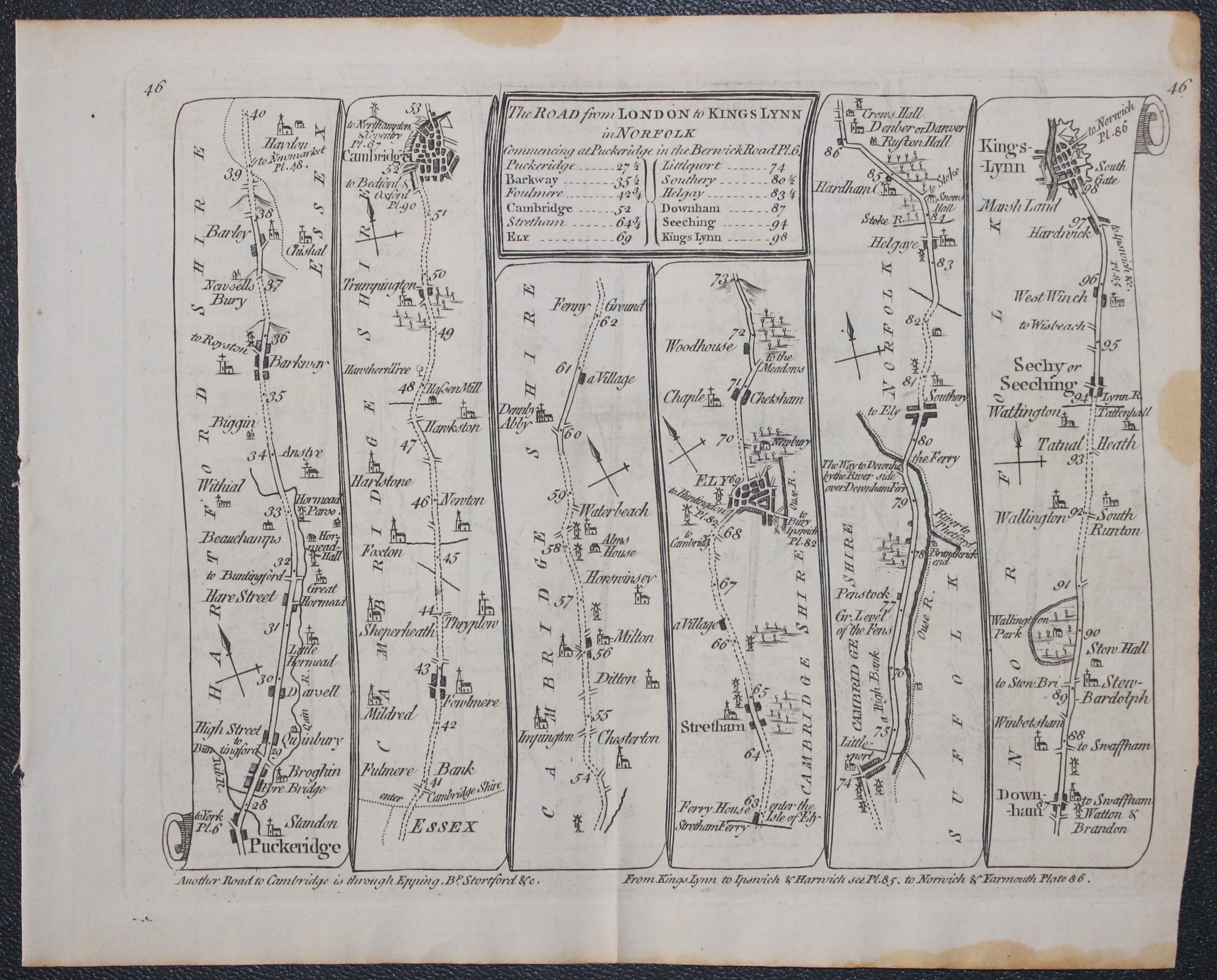 Puckeridge to Kings Lynn road map Thomas Kitchin 1767