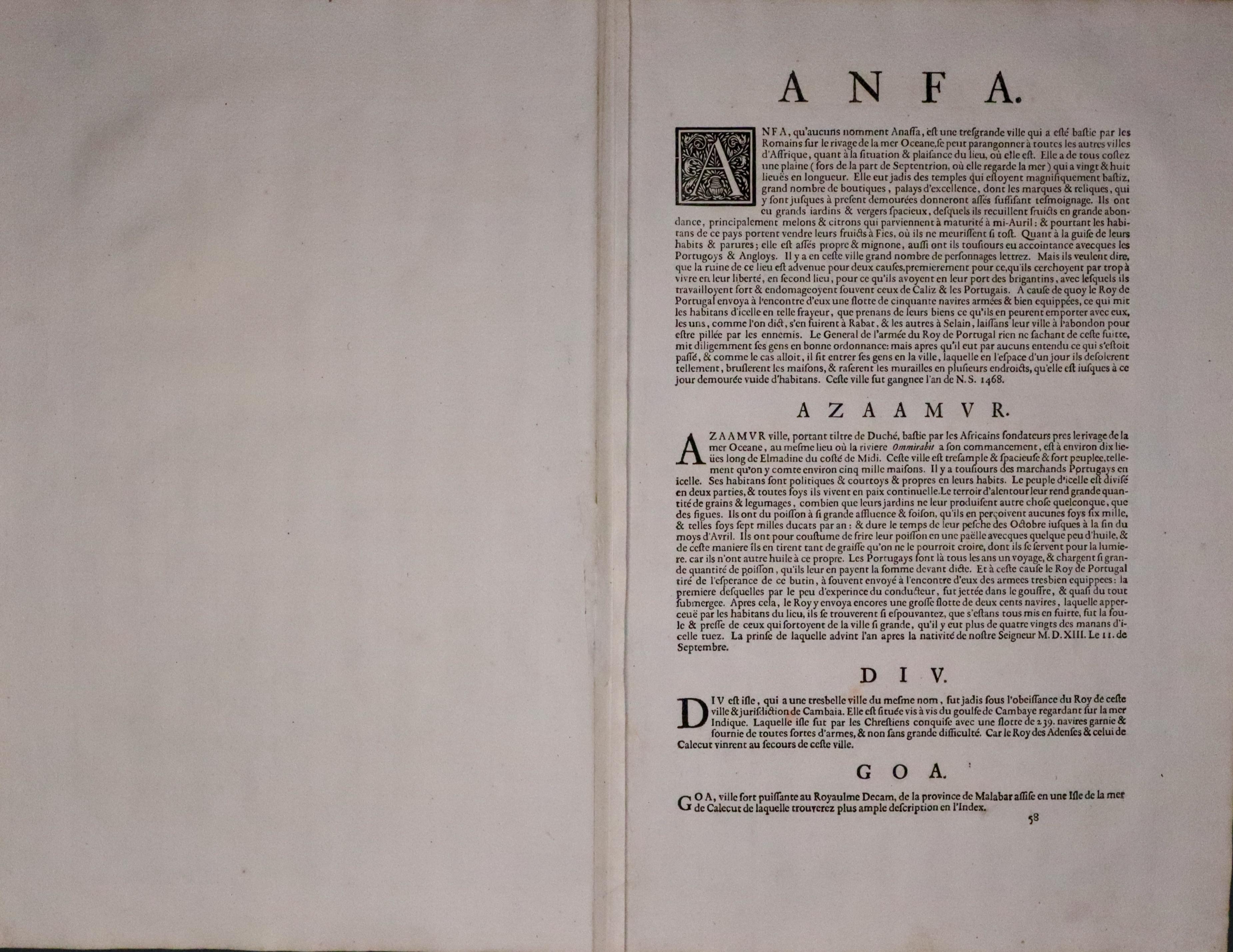 French text for Anfa, Azenmour, Diu & Goa, G Braun & Franz Hogenberg 