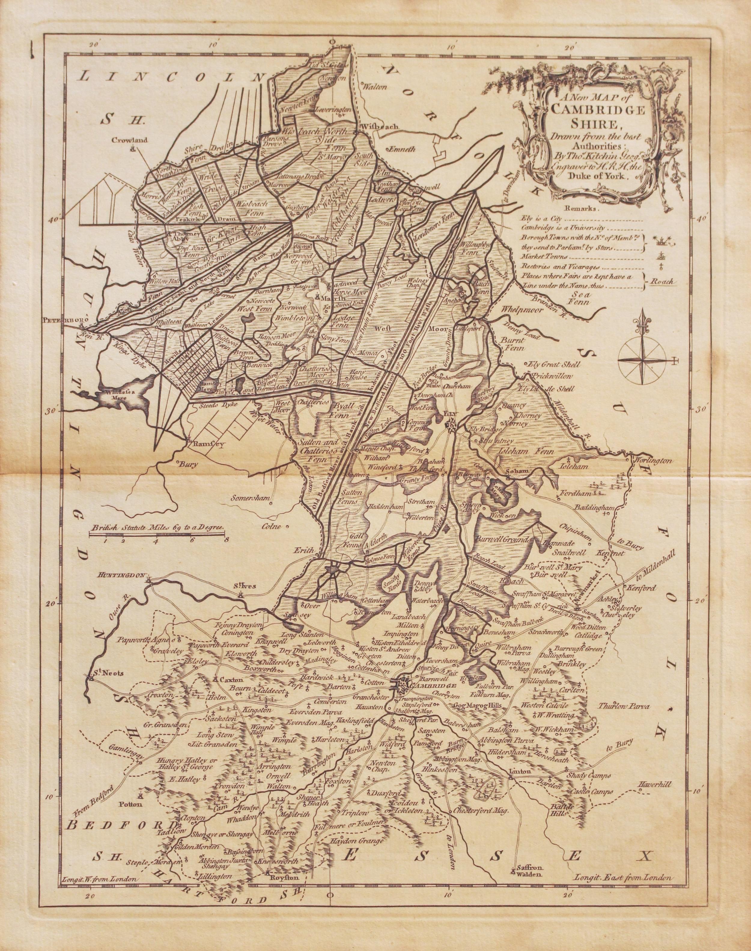Map of Cambridgeshire, Thomas Kitchin 1768
