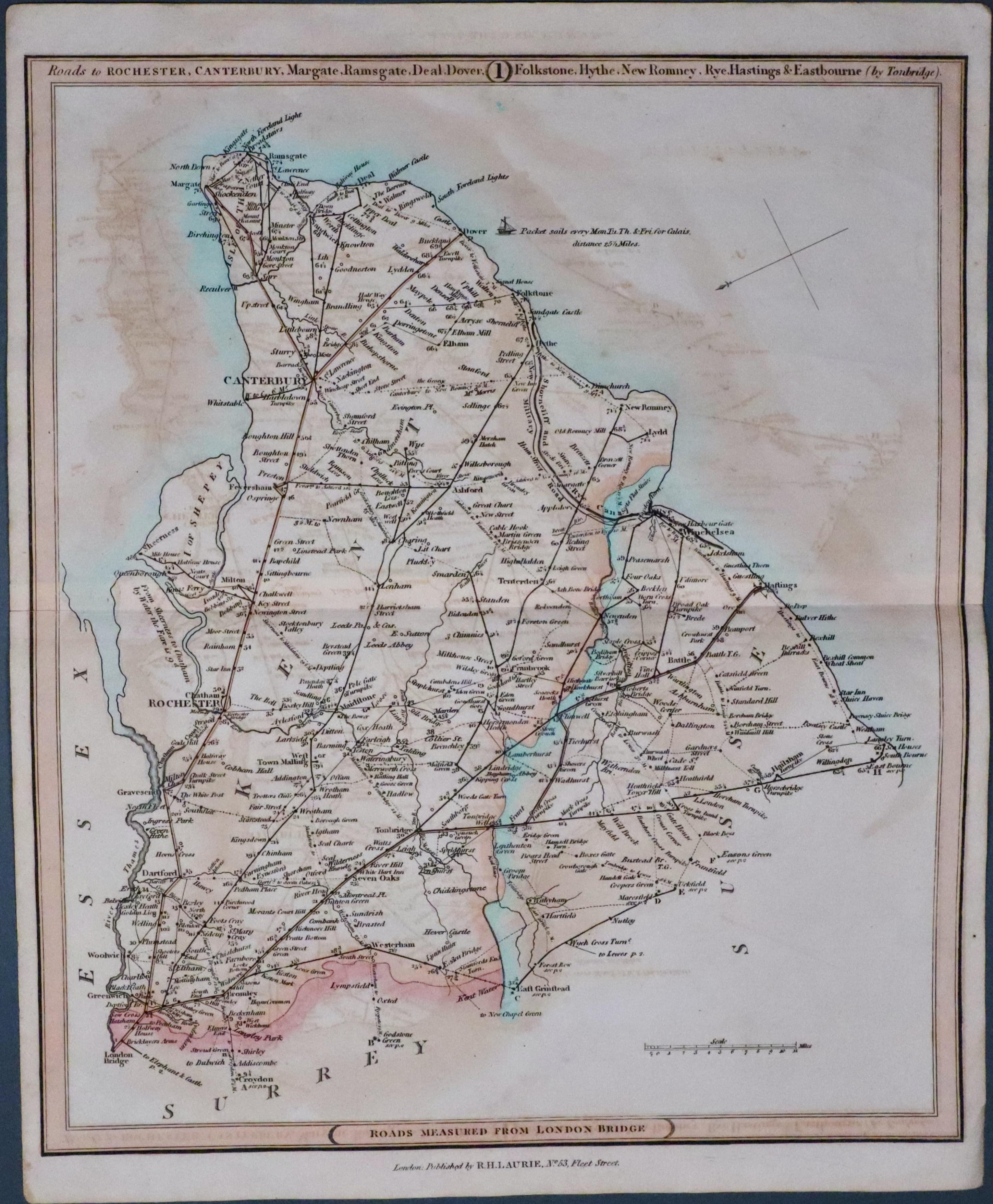 Map of Roads in Kent and Sussex, R. H. Laurie 1827