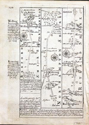  Road map Stony St. Albans to Oakham. Owen/Bowen c.1730 