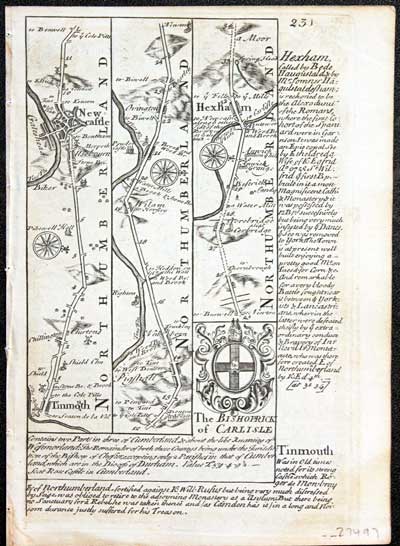  Road map Tynemouth, Newcastle, Hexham, Haltwhistle, Carlisle Owen/Bowen c.1730 