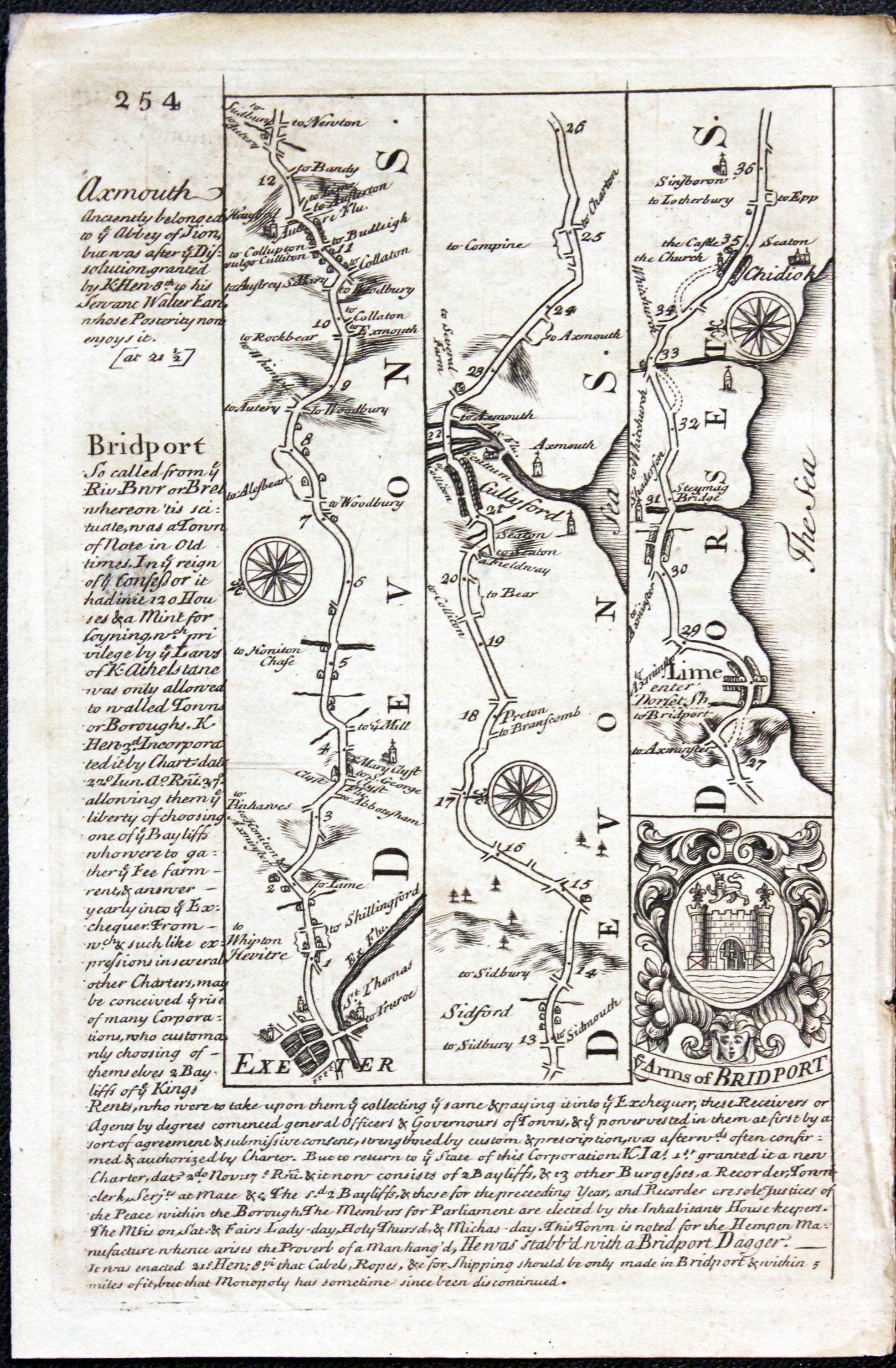 Road map Exeter to Lyme Regis Owen/Bowen c.1730