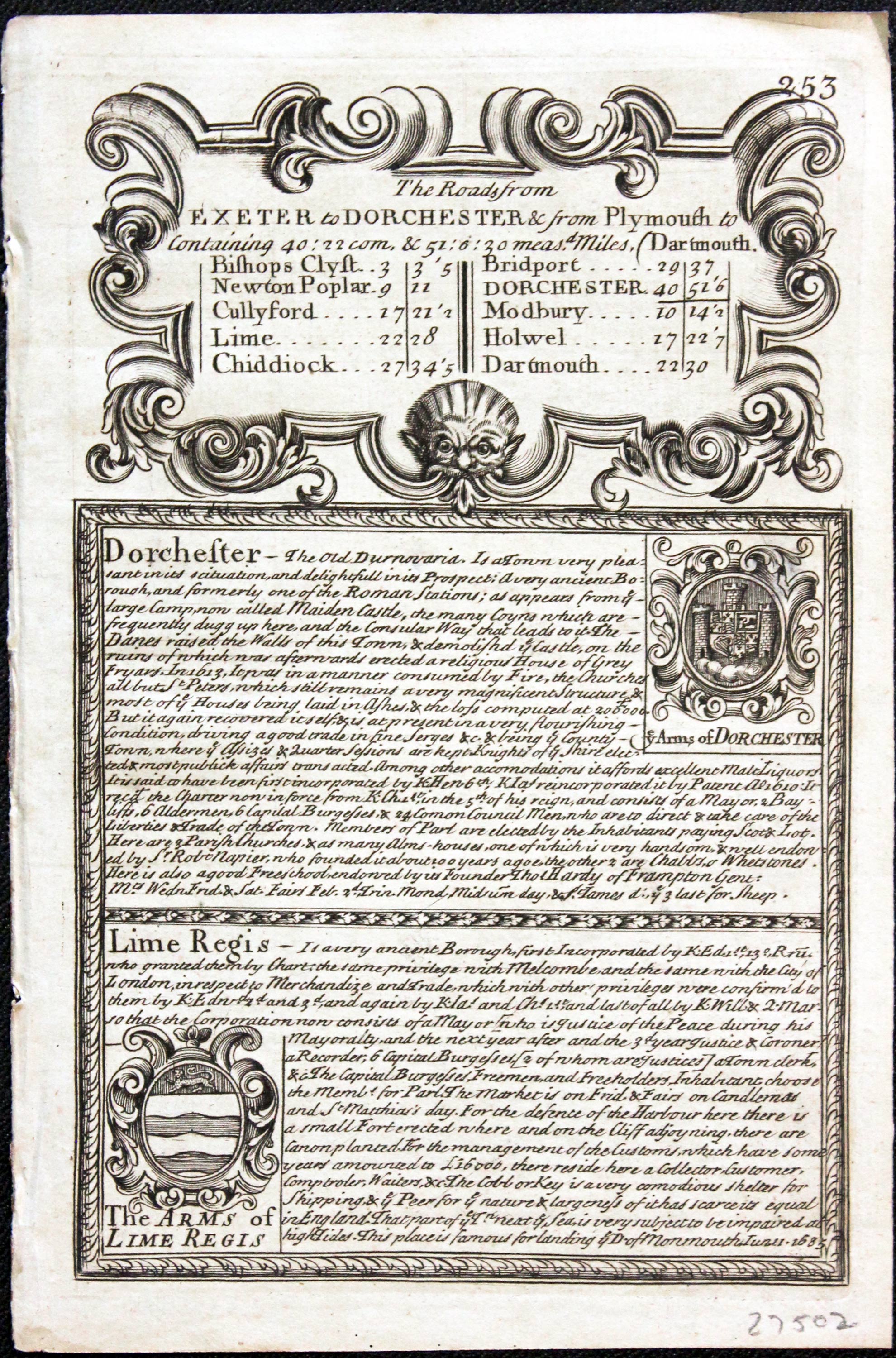 Road map Exeter to Lyme Regis Owen/Bowen c.1730