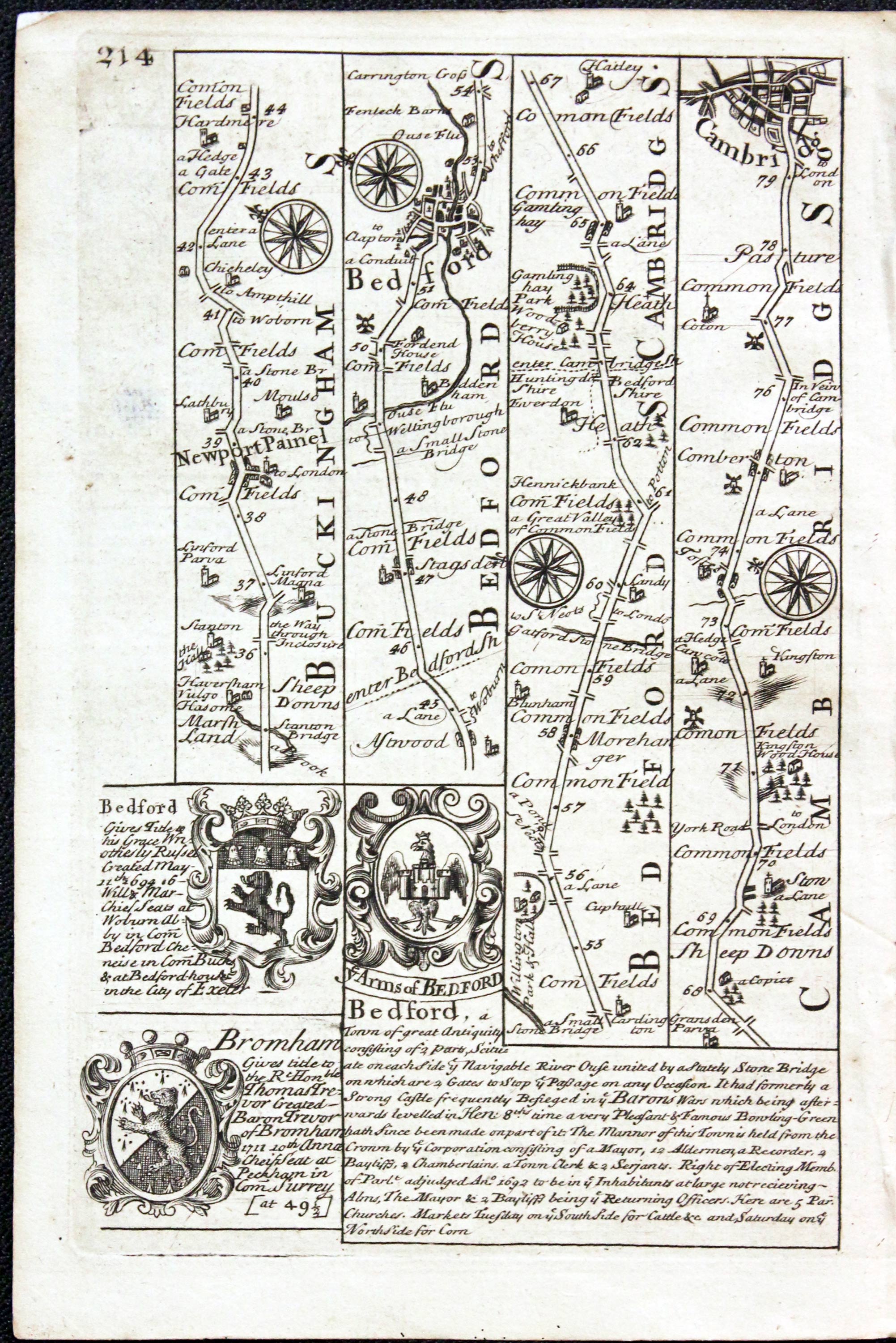 Road map Oxford, Burcester, Buckingham, Bedford, Cambridge Owen/Bowen c.1730