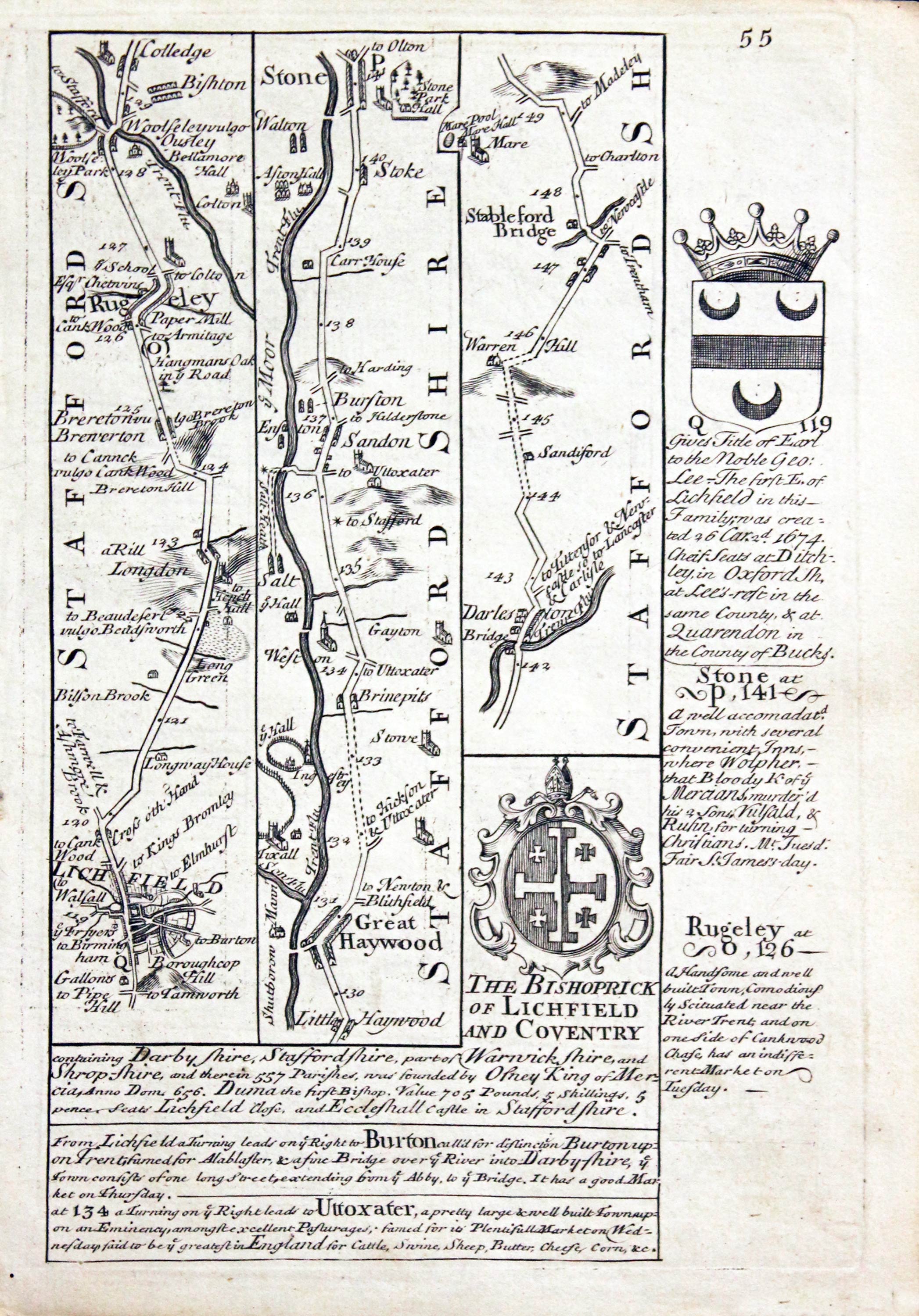 Road map Lichfield to Chester. Owen/Bowen c.1730