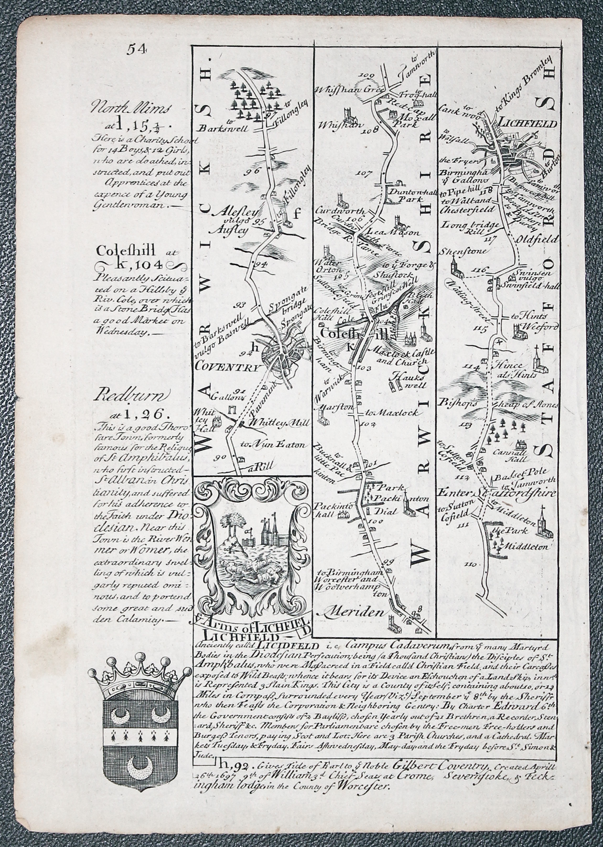 Road map Coventry to Lichfield. Owen/Bowen c.1730