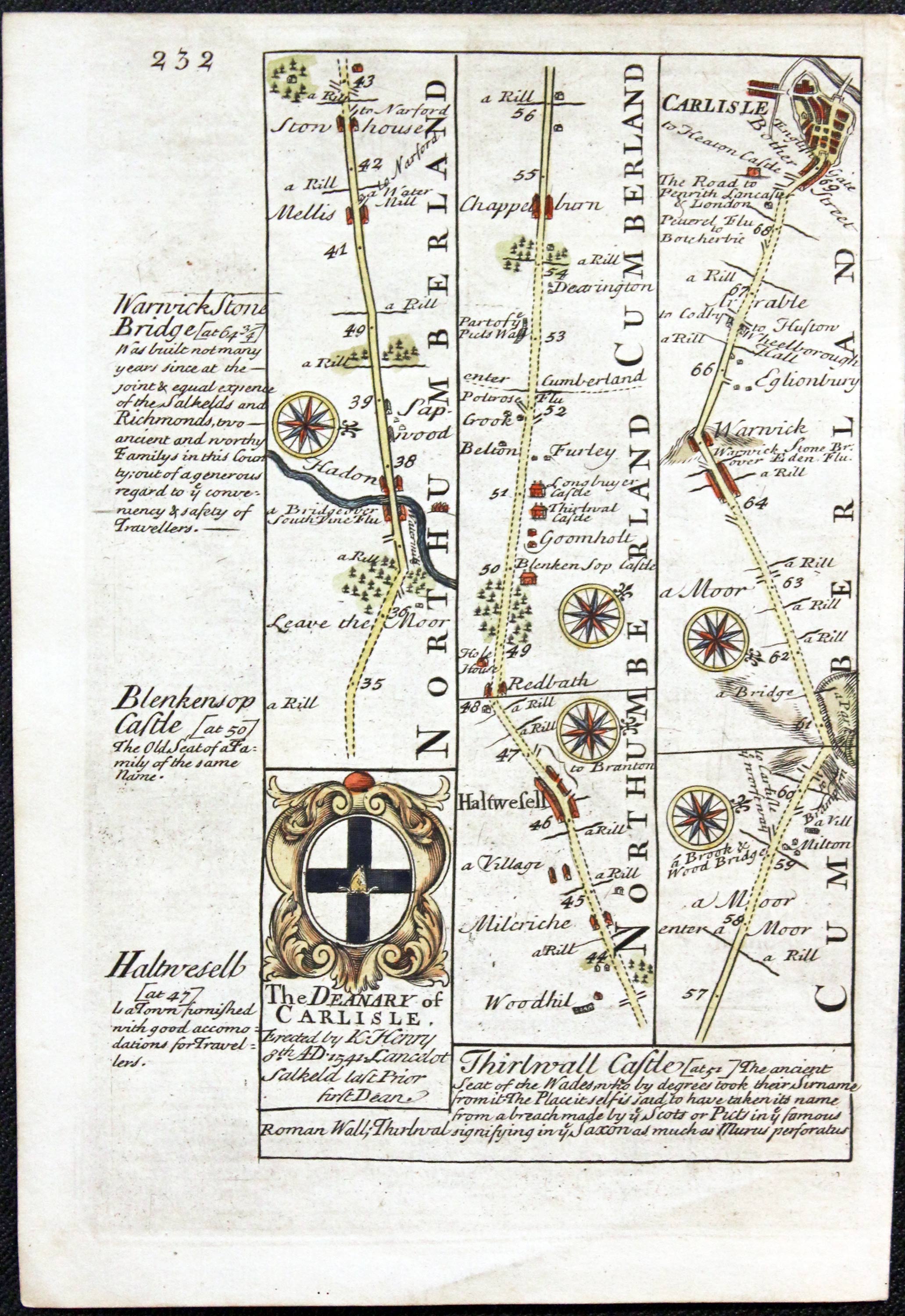 Road map Tynemouth, Newcastle, Hexham, Haltwhistle, Carlisle  Owen/Bowen c.1730
