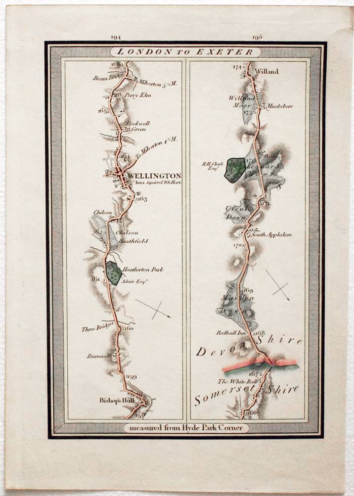 Road Map 194 / 195, London to Exeter. Edward Mogg, 1817