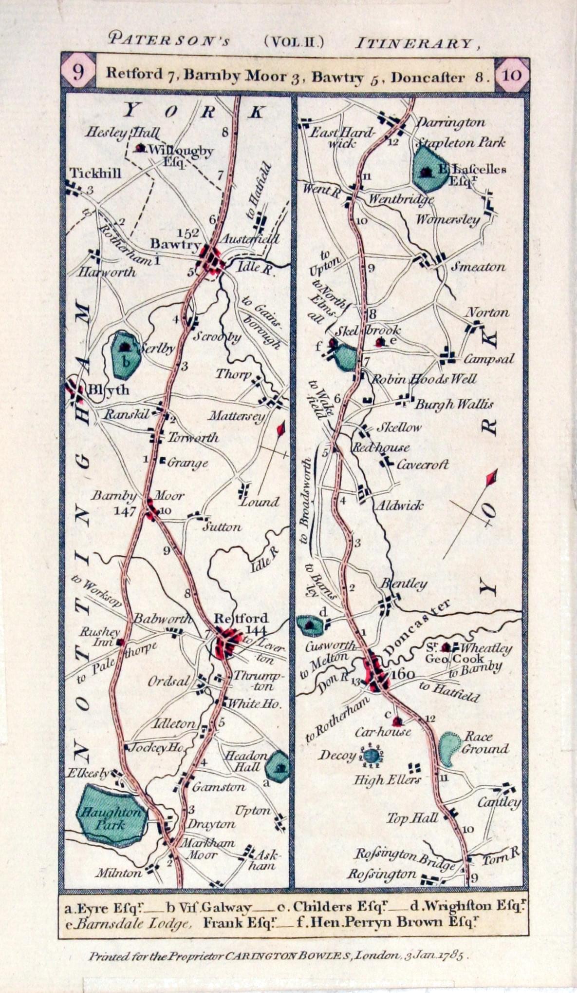 Road Map Grantham to Doncaster, Carington Bowles, 1785