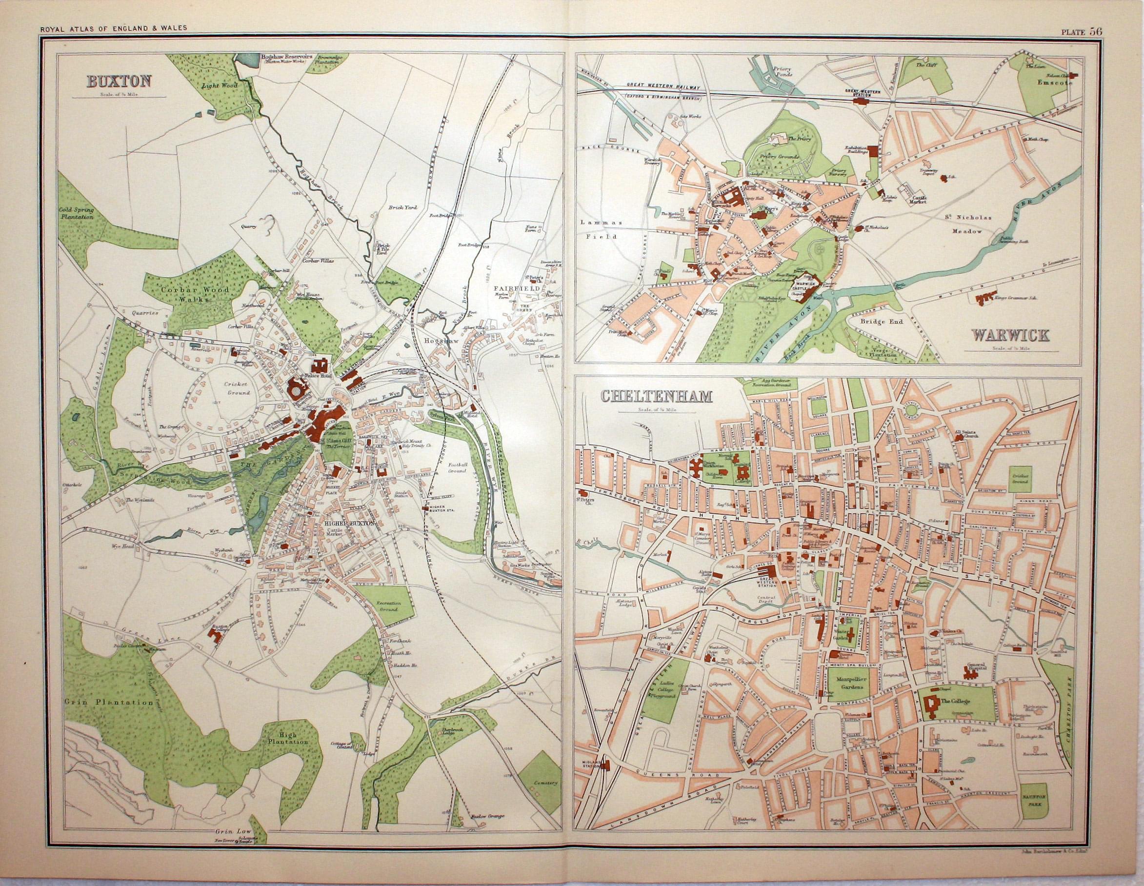 Buxton, Warwick and Cheltenham, John Bartholomew, c.1895  Buxton, Warwick and Cheltenham, John Bartholomew, c.1895
