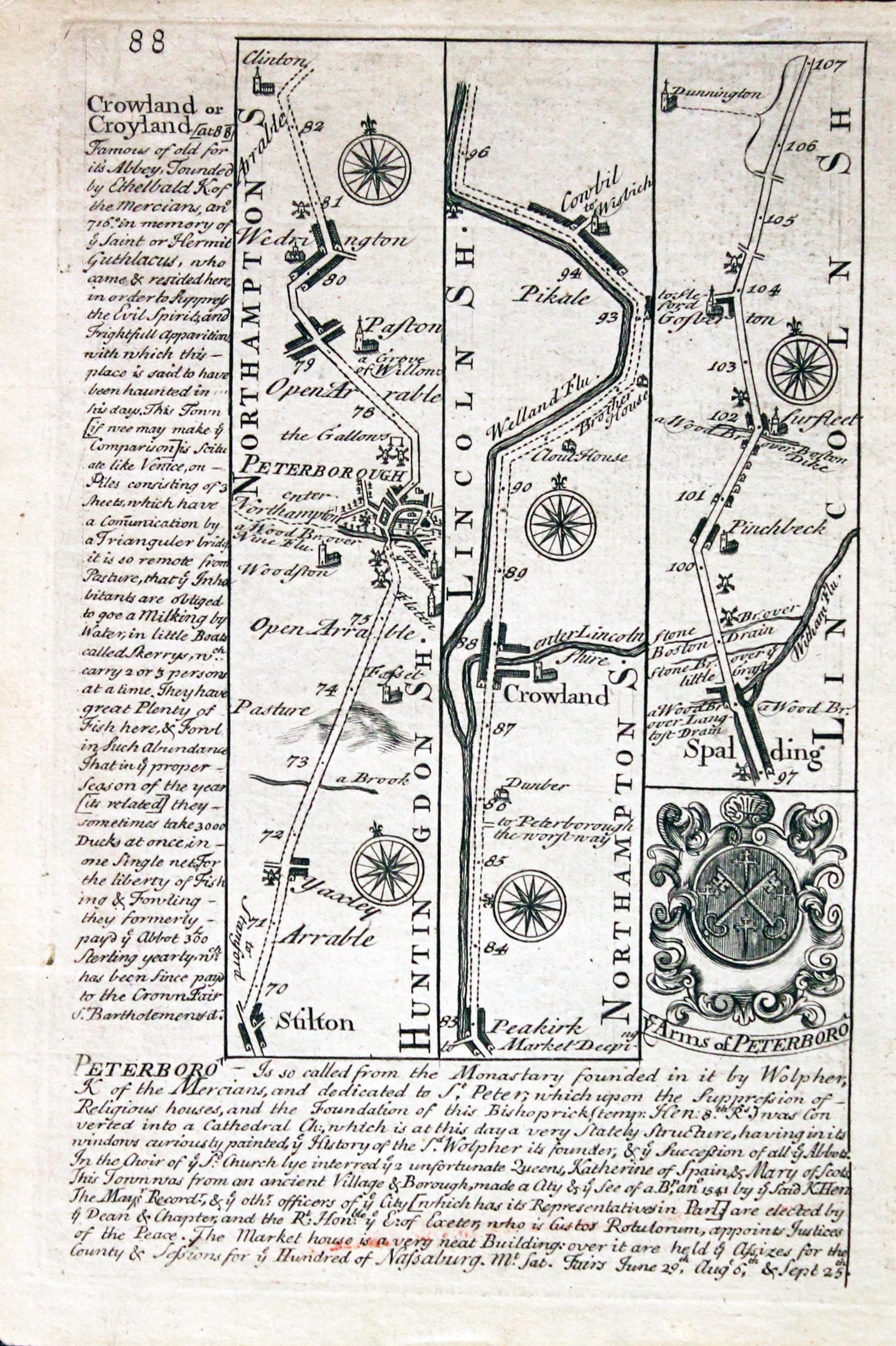 Road map Stilton to Spalding. Owen/Bowen c.1730