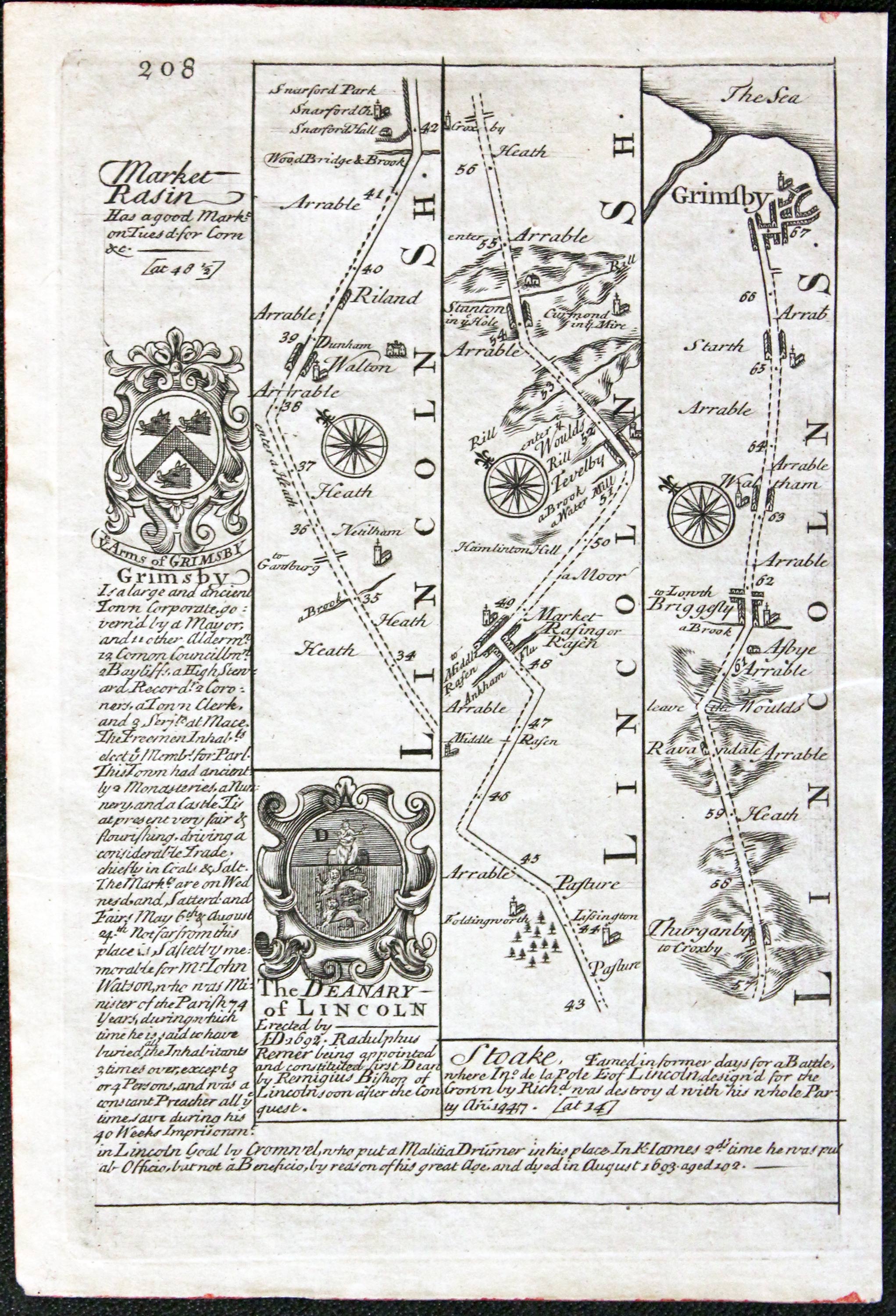 Road map Nottingham, Newark. Lincoln, Market Rasen, Grimsby Owen/Bowen c.1730