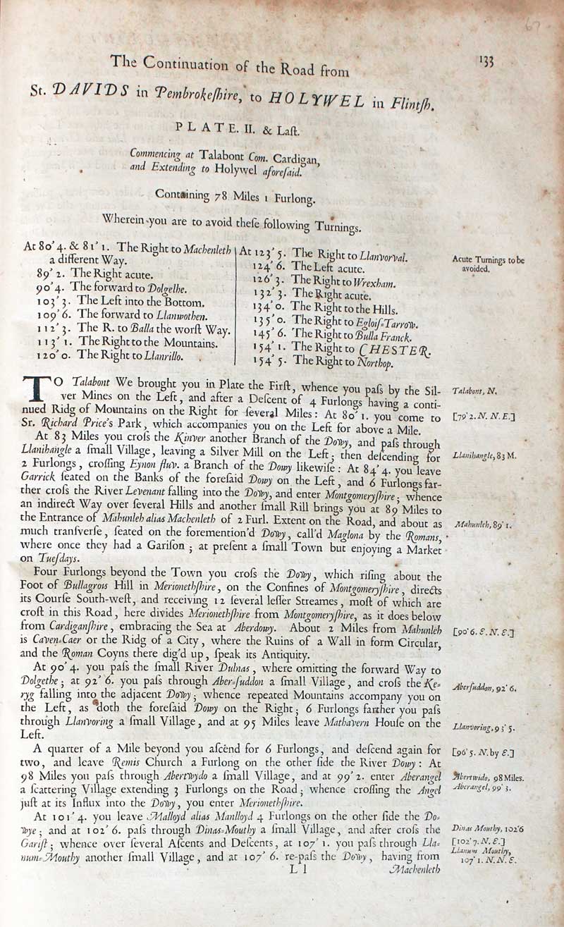 Text Talybont, Bala, Ruthin, Holywell John Ogilby road map 1675  Text Talybont, Bala, Ruthin, Holywell John Ogilby road map 1675