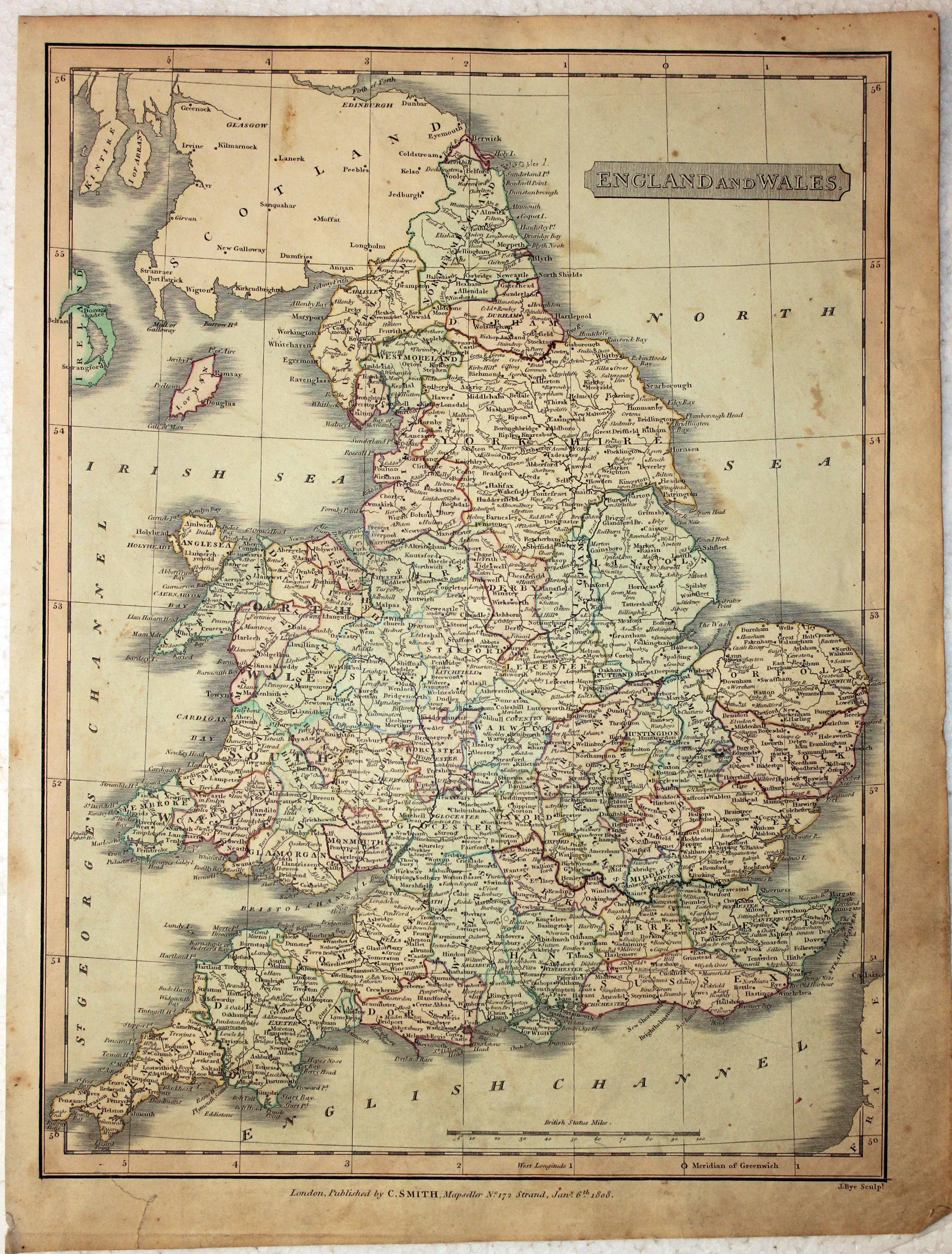 Map Uk Old 10 1/4 x 13 3/4 inches. Original outline and wash hand colouring. Lightly toned. Tear in the bottom blank margin repaired on versowith old patch of paper.