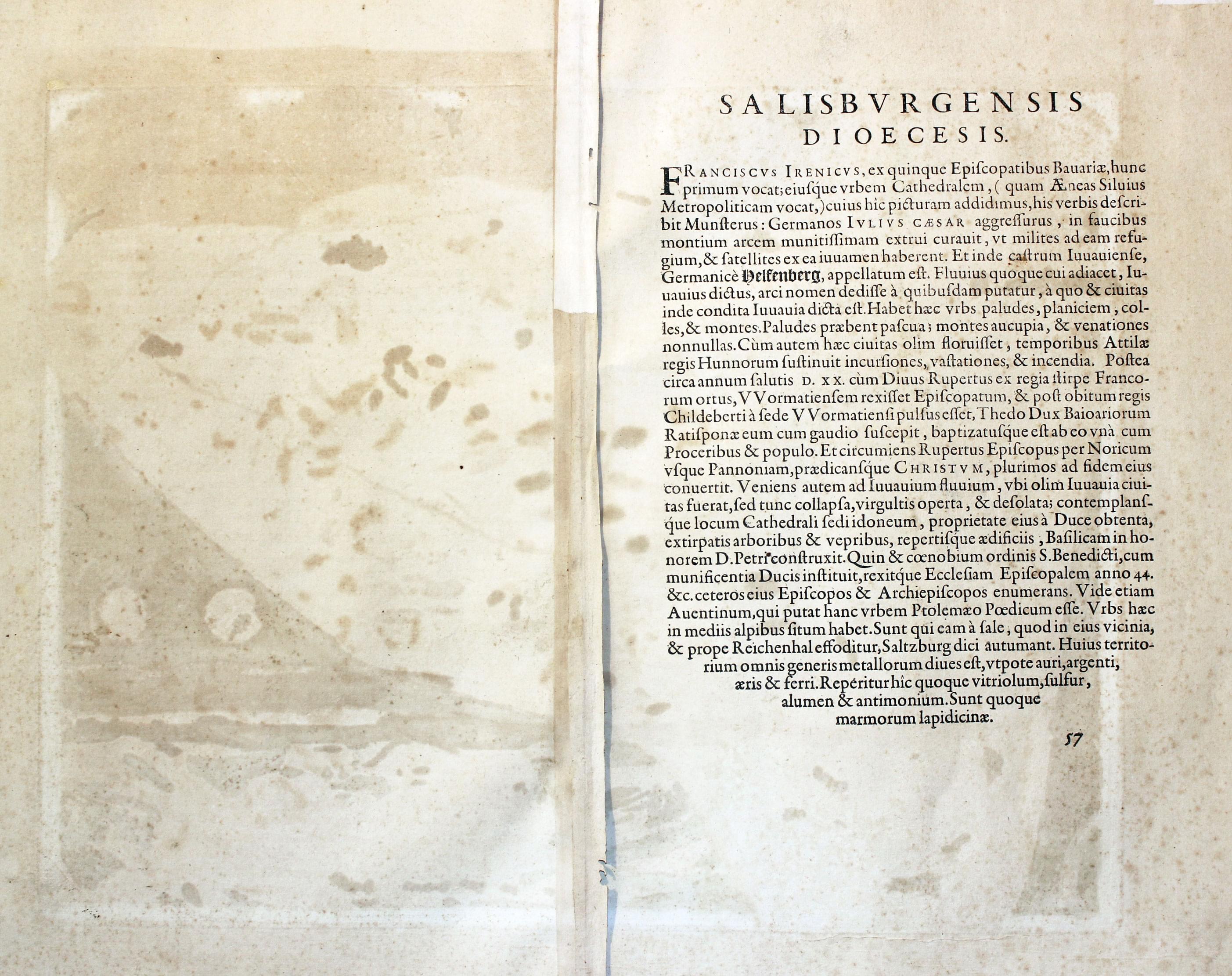 Latin text on verso of map of Salzburg by Abraham Ortelius, 1584