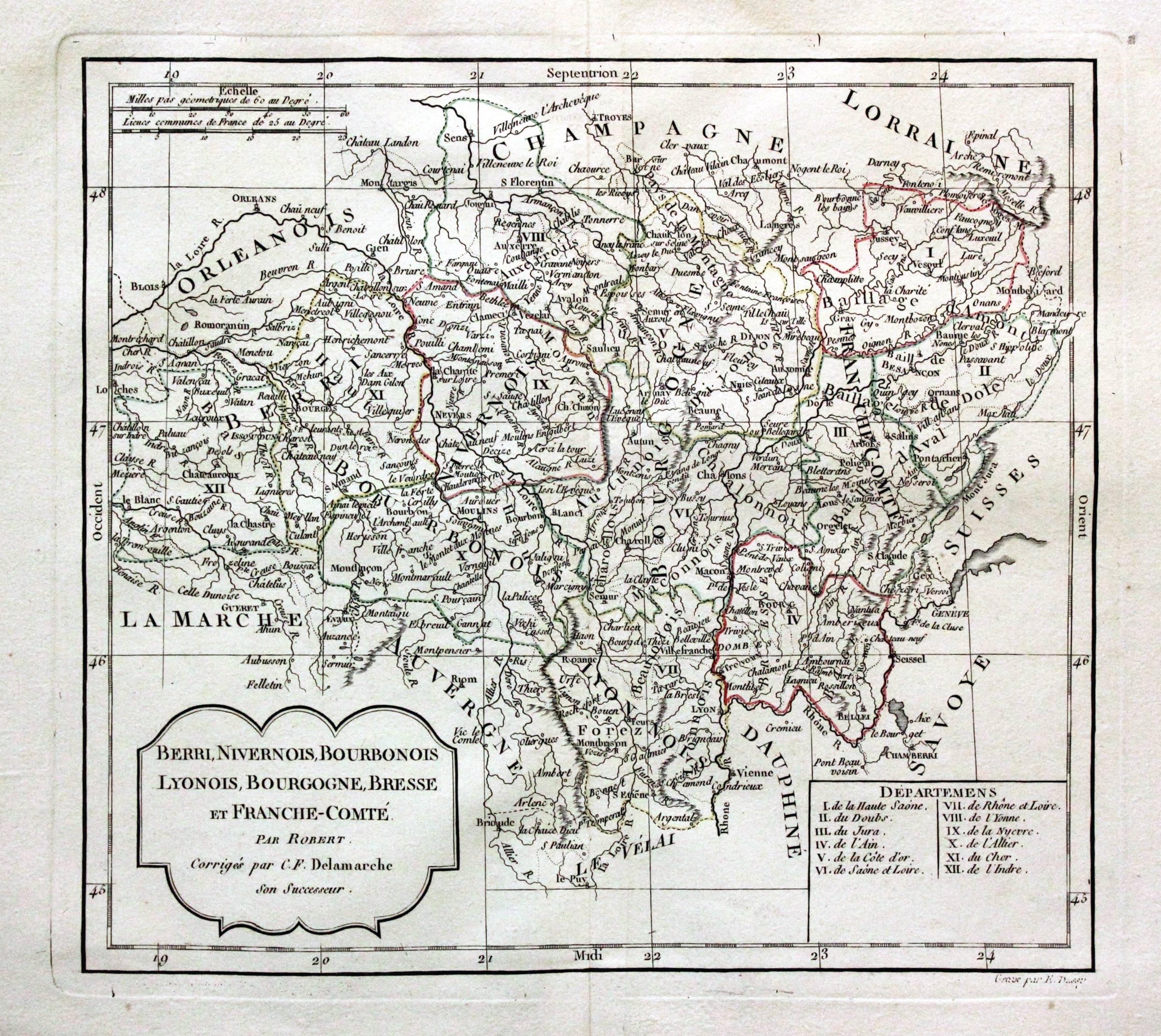 Berri, Bourgogne, Lyonnais, Robert de Vaugondy 1812  Berri, Bourgogne, Lyonnais, Robert de Vaugondy 1812