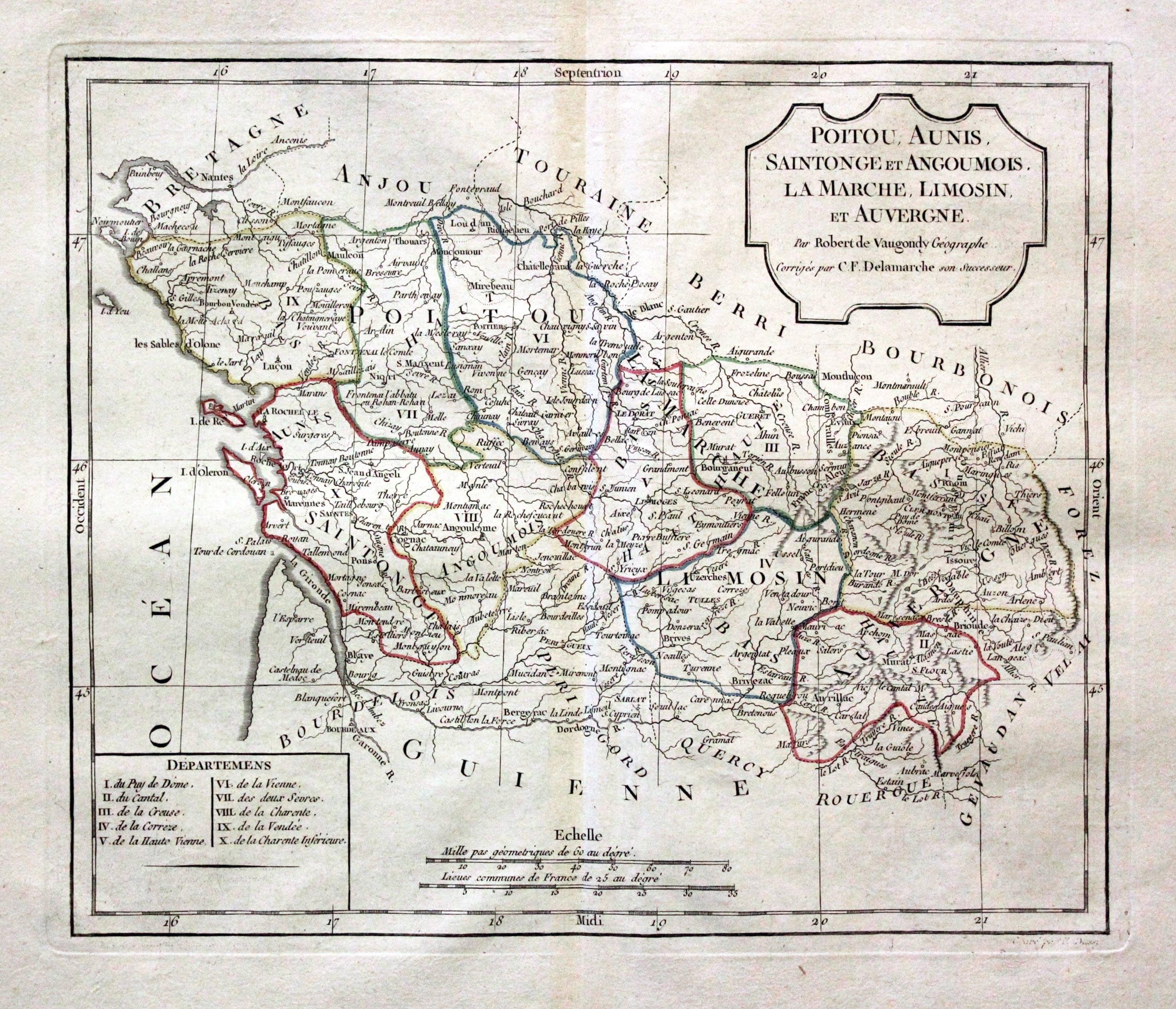 Poitou, Aunis, Limosin, Auvergne. Robert de Vaugondy / Charles Francois Delamarche, 1812.  Poitou, Aunis, Limosin, Auvergne. Robert de Vaugondy / Charles Francois Delamarche, 1812.