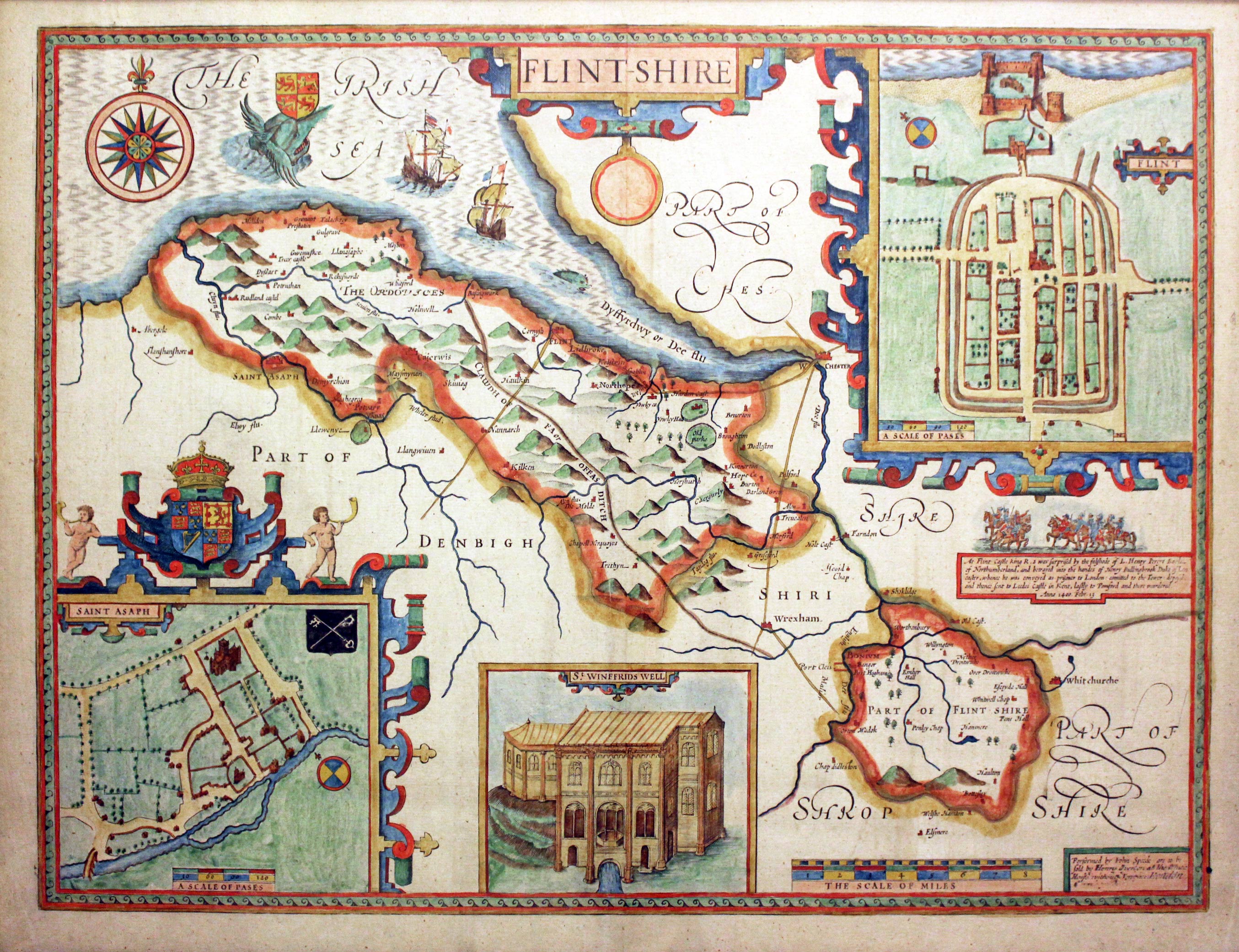 Map of Flintshire by John Speed c.1710 with later hand colouring  Map of Flintshire by John Speed c.1710 with later hand colouring