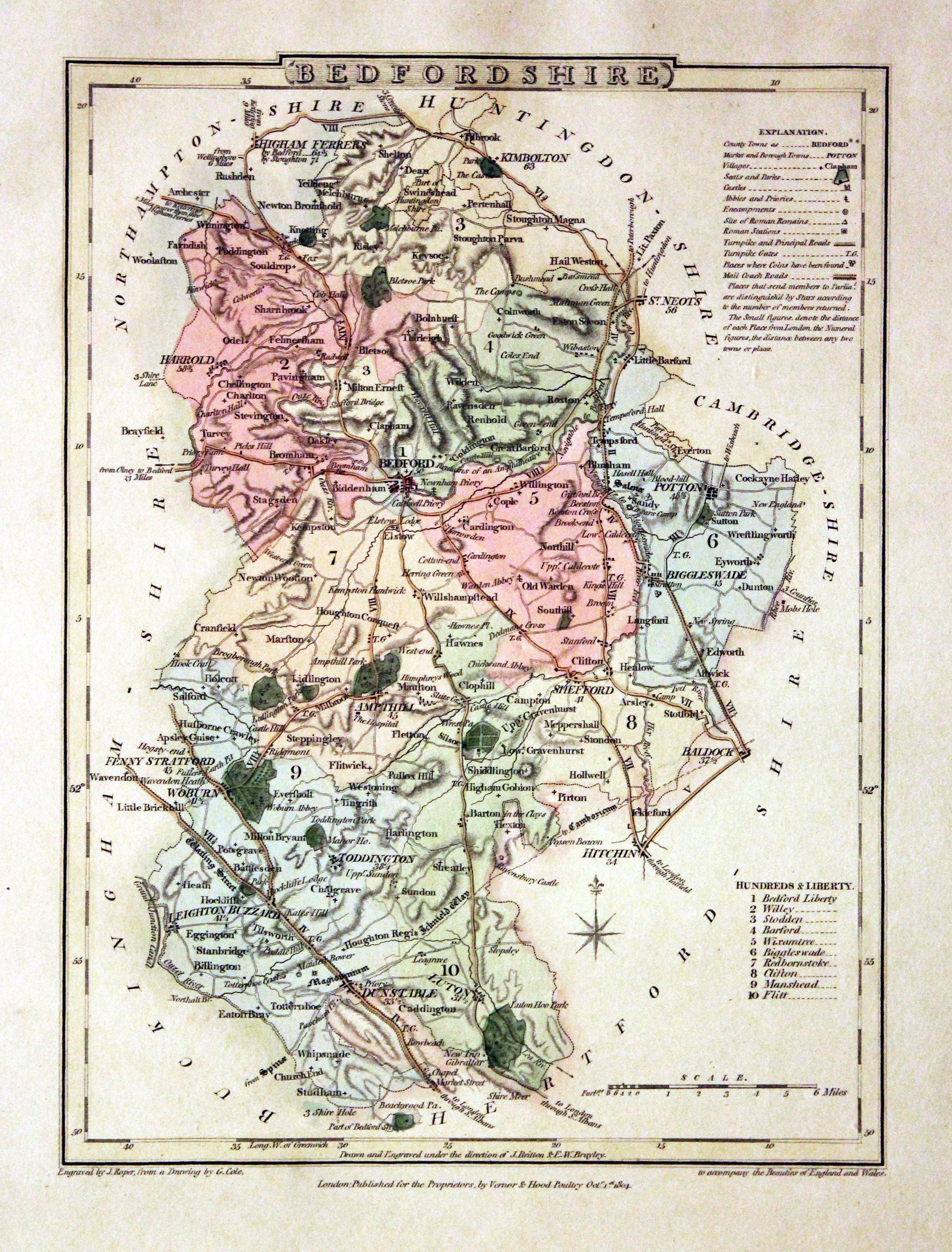 Map of Bedfordshire by George Cole and John Roper, 1810. Early Hand colouring