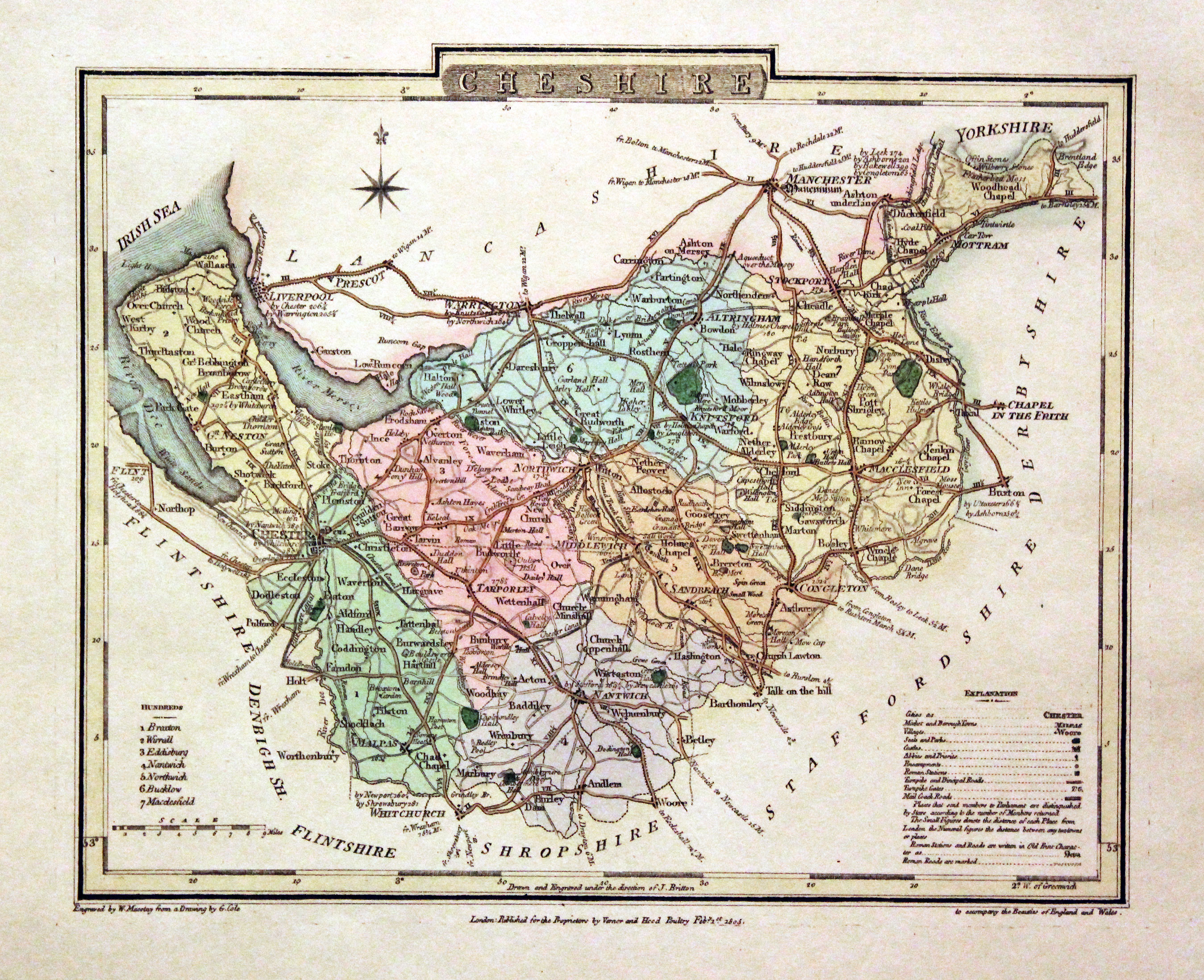 Map of Cheshire by George Cole and John Roper, 1810. Early Hand Colouring.