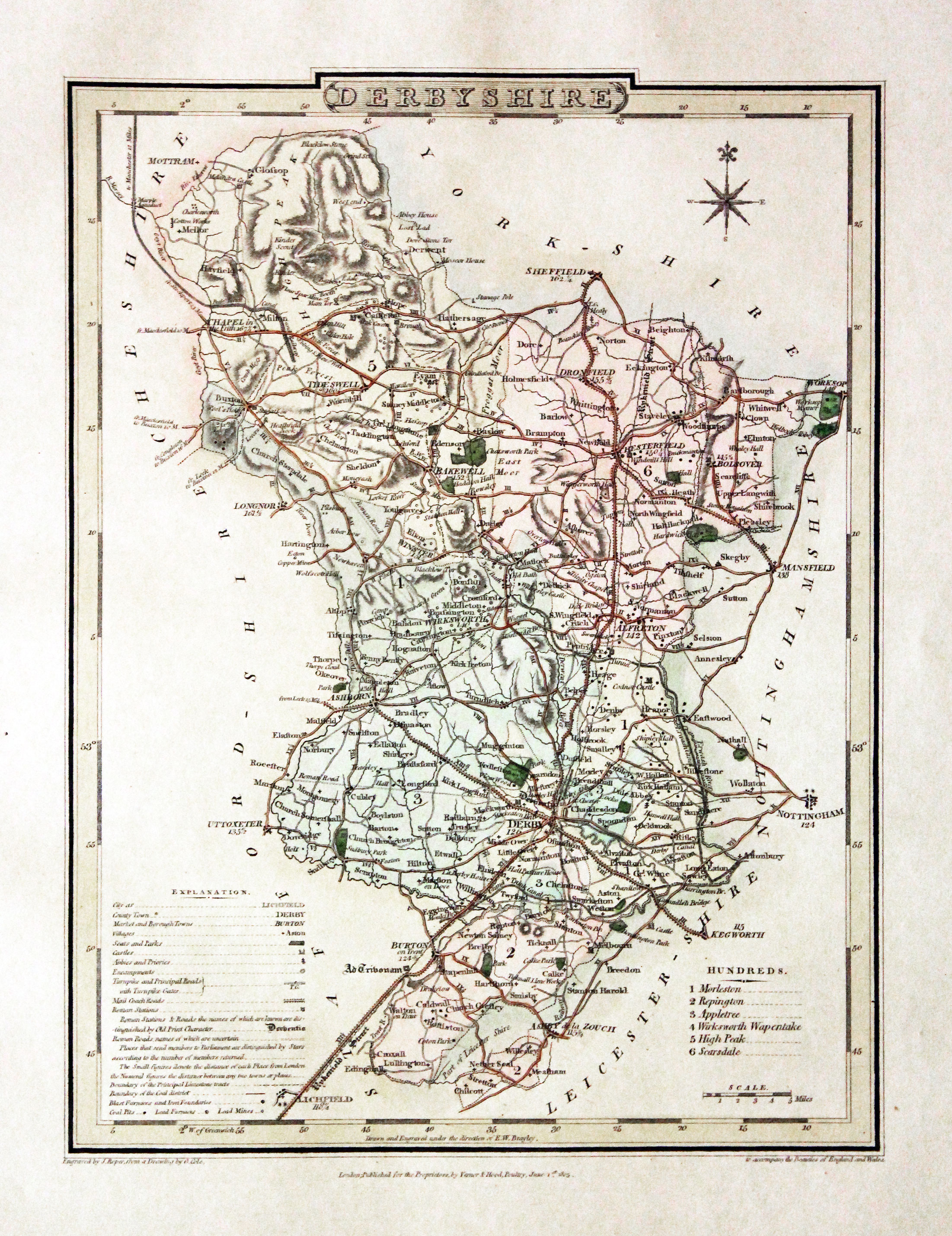 Map of Derbyshire by G. Cole and J. Roper 1810. Early hand colouring