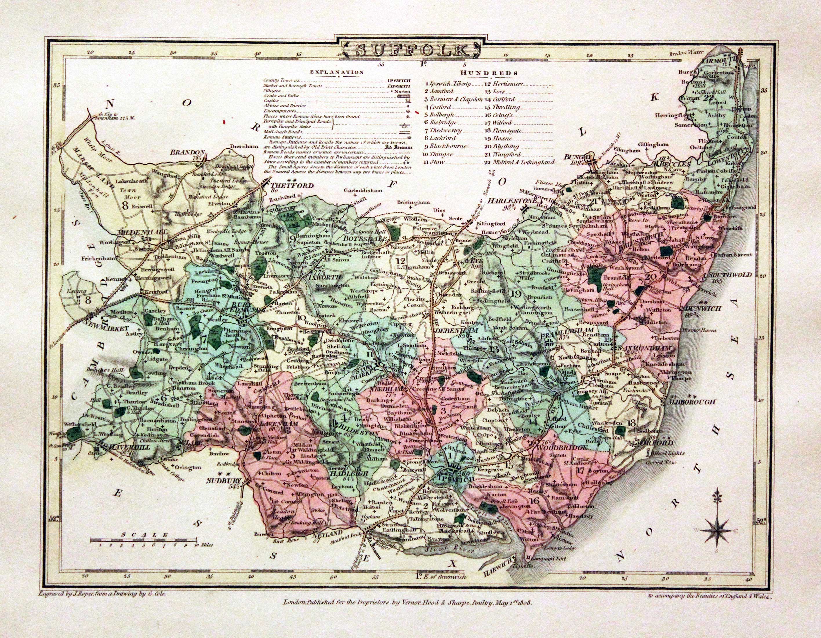 Map of Suffolk by G. Cole and J. Roper 1810