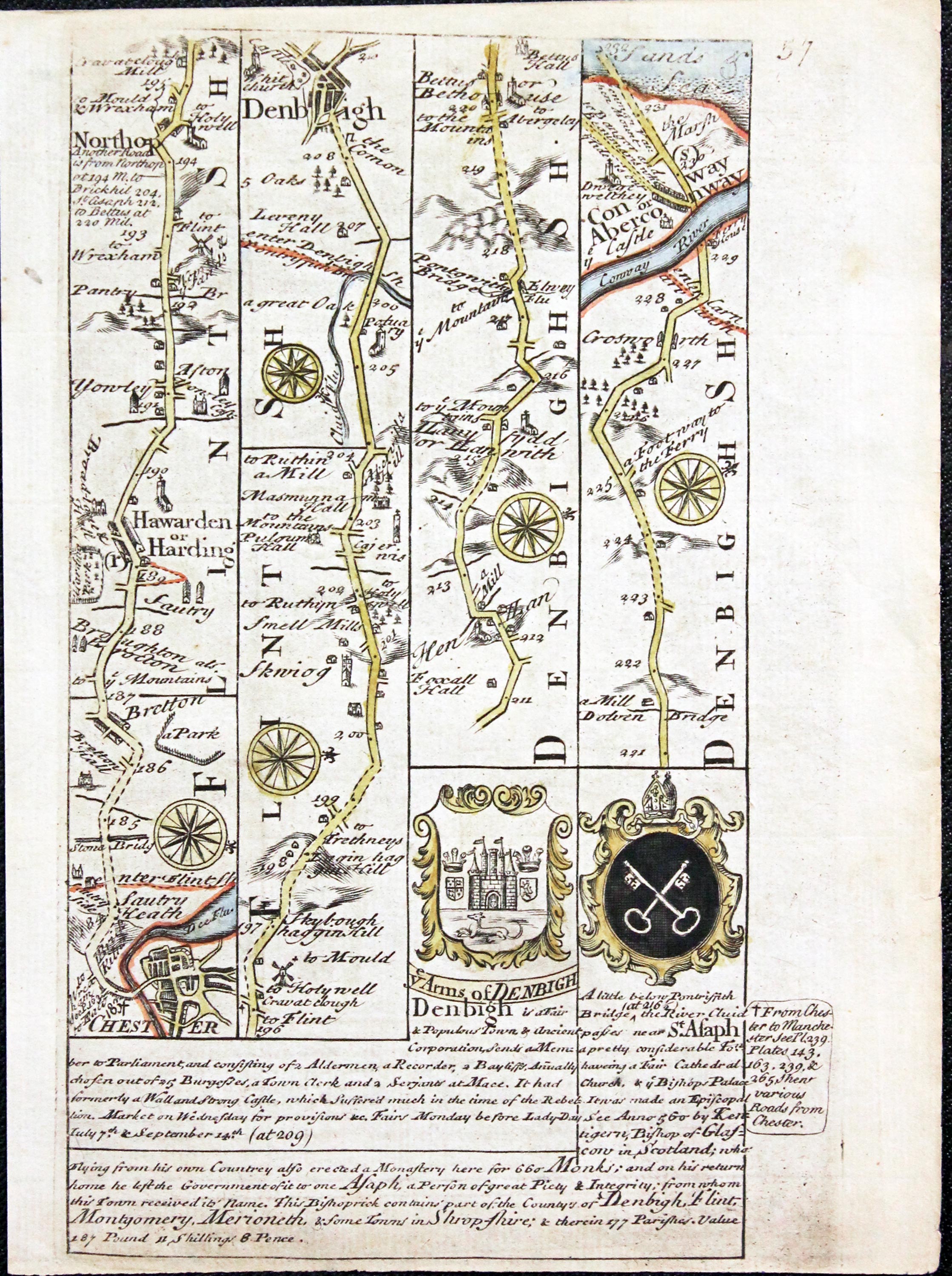 Road map Chester to Holyhead. Owen/Bowen c.1730