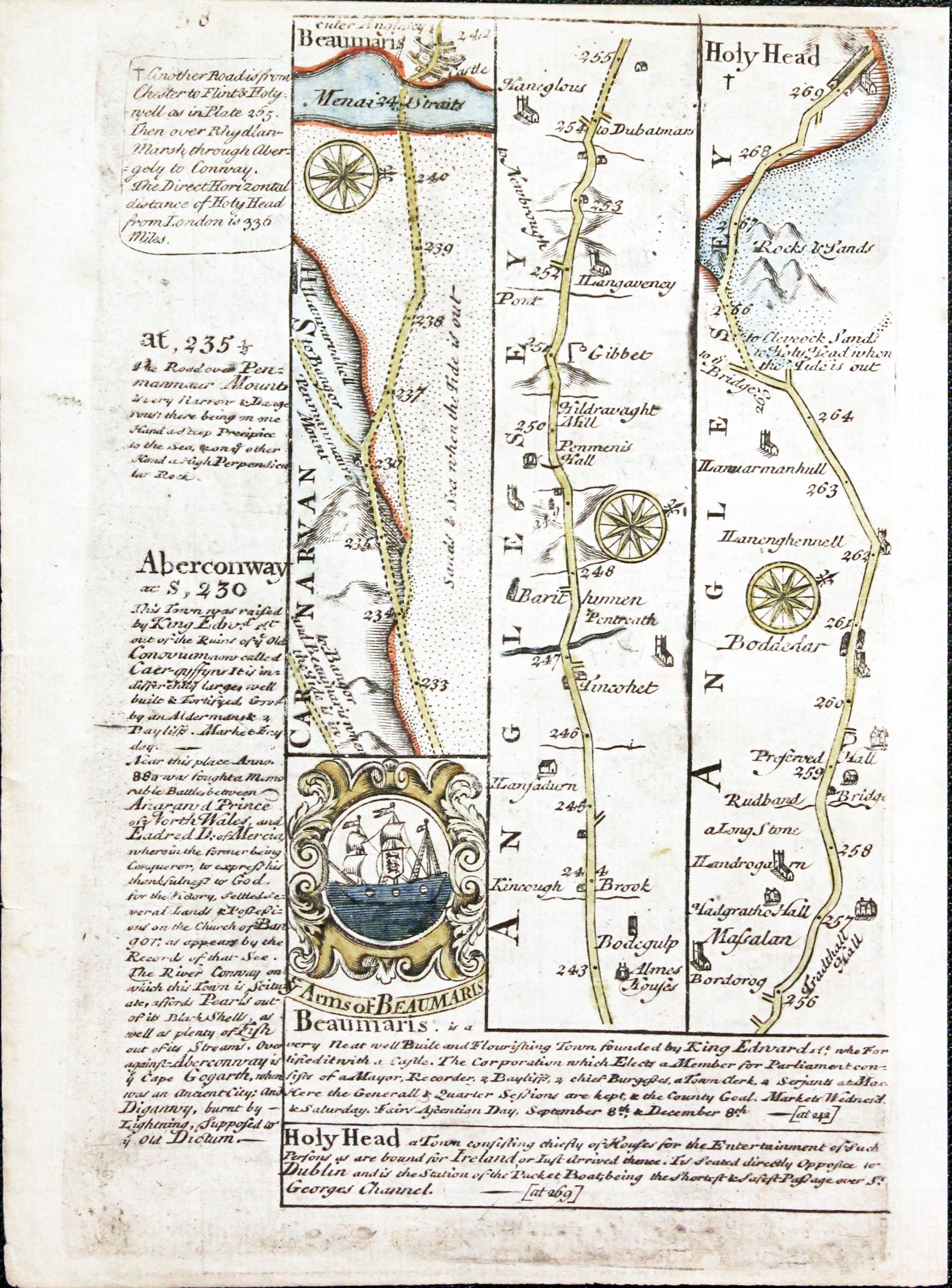 Road map Chester to Holyhead. Owen/Bowen c.1730