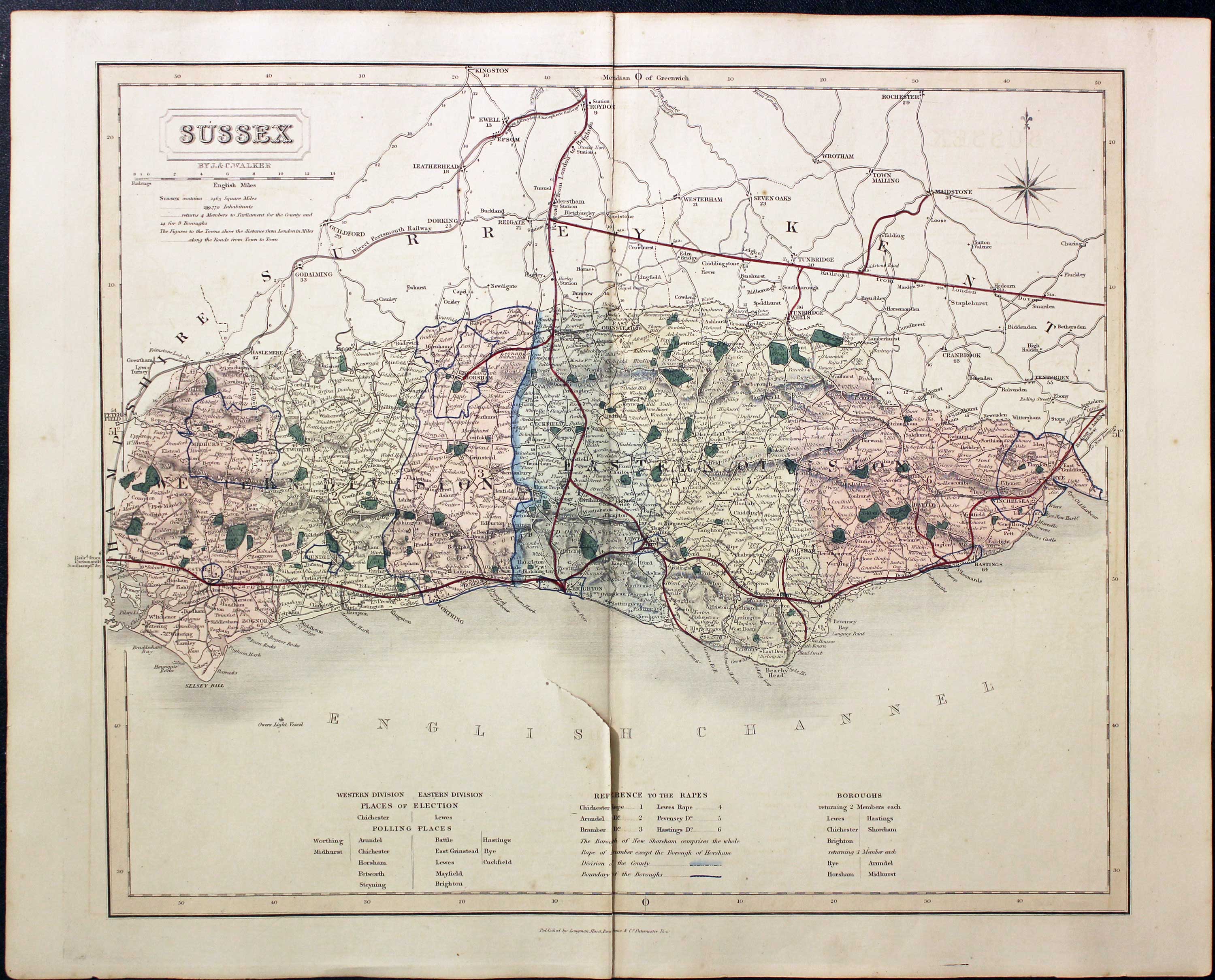 Map of Sussex by John and Charles Walker 1851  Map of Sussex by John and Charles Walker 1851