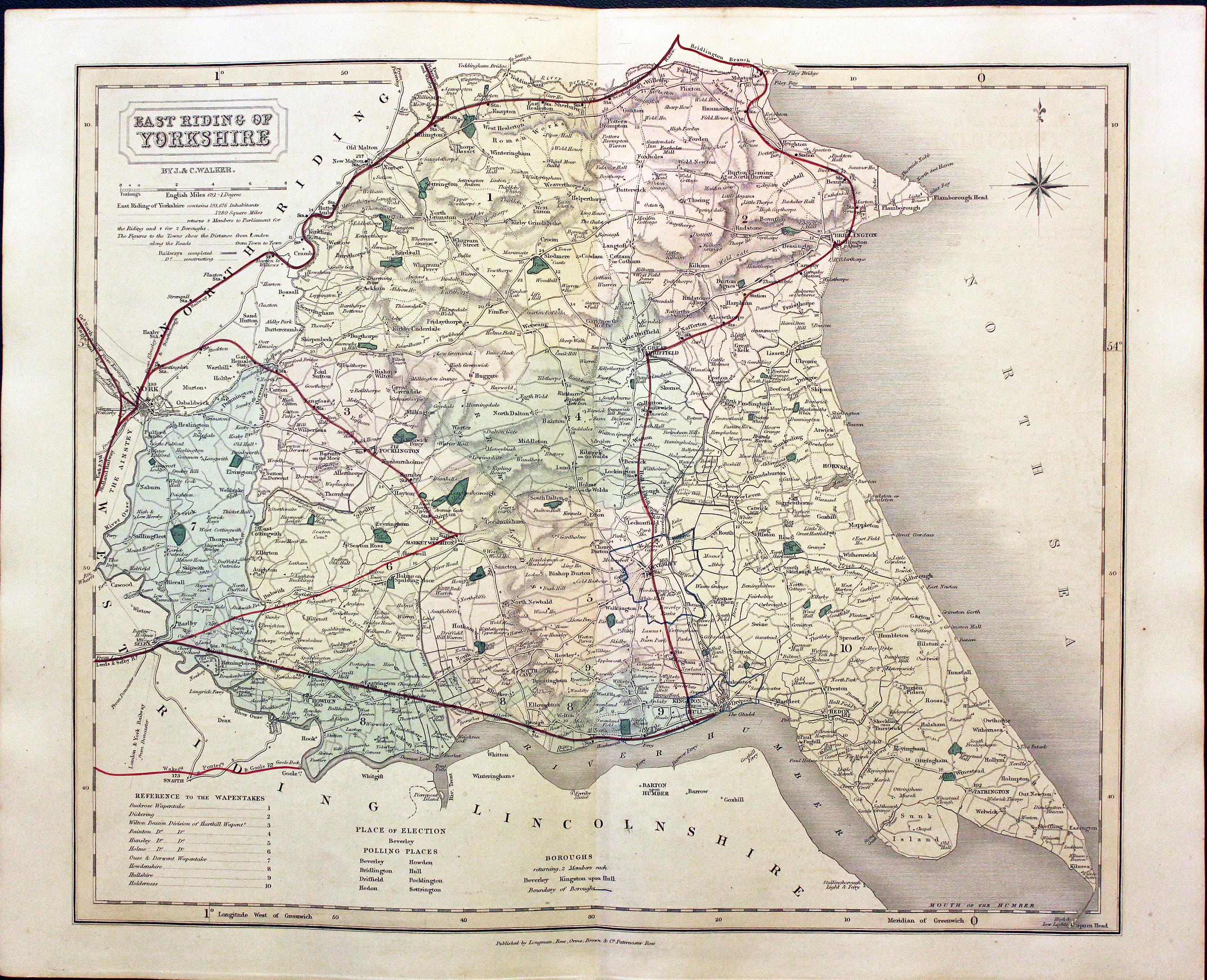 Map of Yorkshire East Riding by John and Charles Walker 1851  Map of Yorkshire East Riding by John and Charles Walker 1851