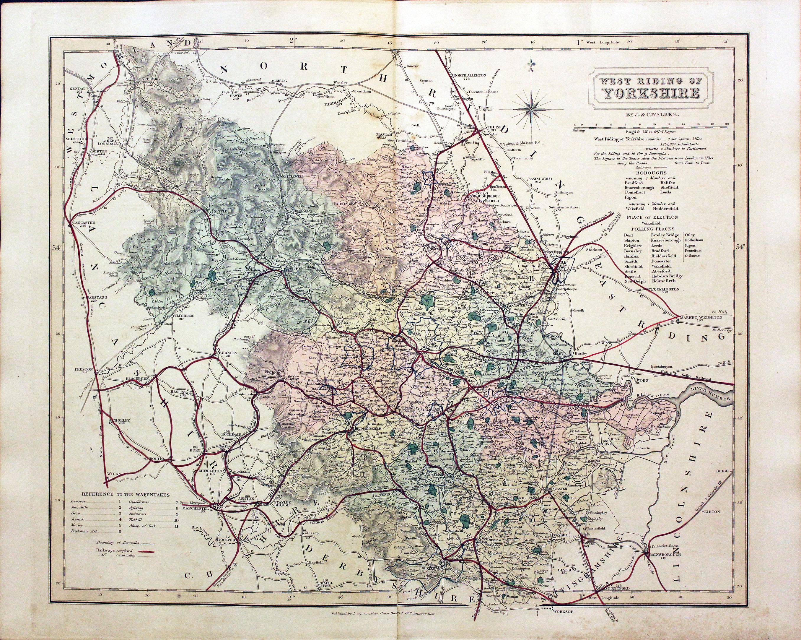 Map of Yorkshire West Riding by John and Charles Walker 1851  Map of Yorkshire West Riding by John and Charles Walker 1851