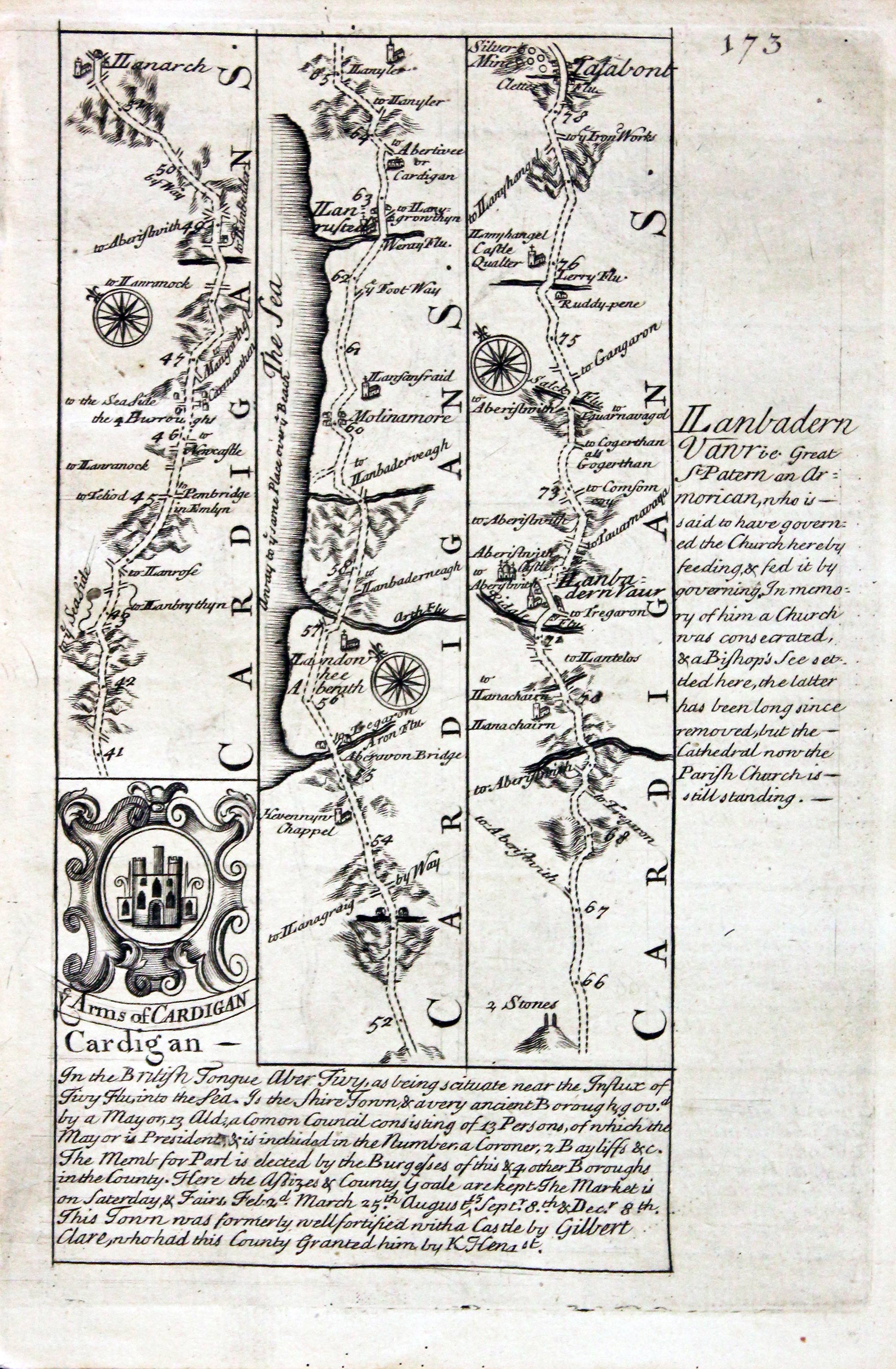 Road map Llanerch, Llanbadern Vawr, Talabont, Machynlleth Dinas Mawddy. Owen/Bowen c.1730