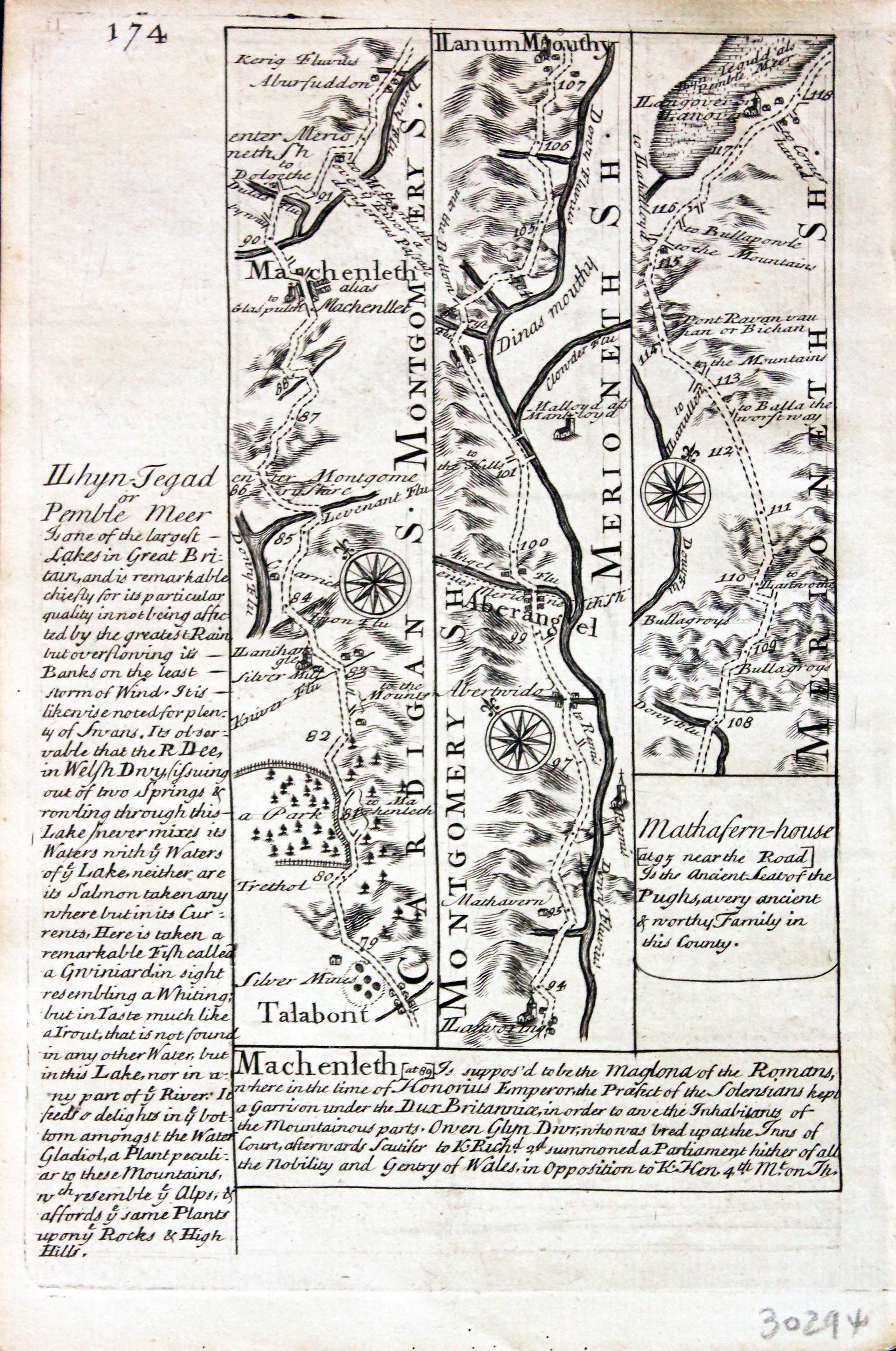 Road map Llanerch, Llanbadern Vawr, Talabont, Machynlleth Dinas Mawddy. Owen/Bowen c.1730
