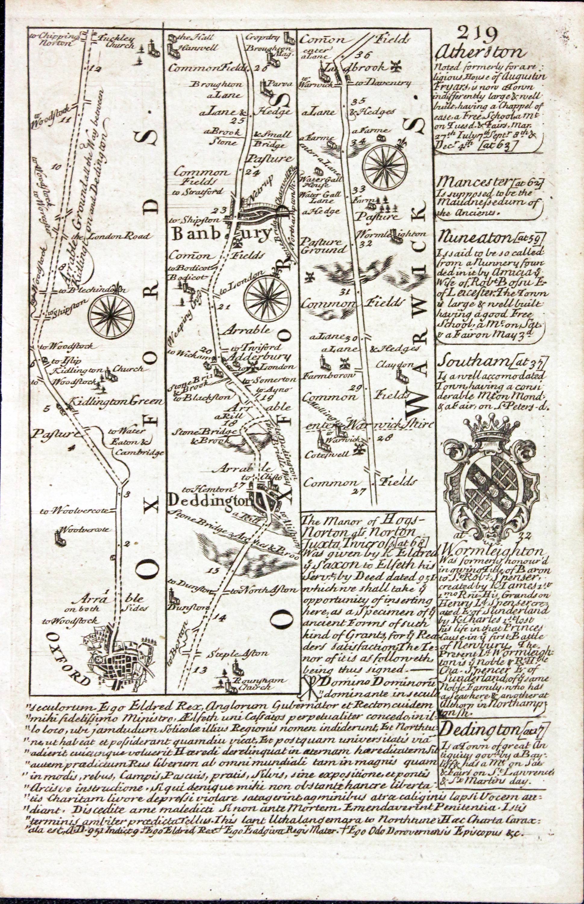 Road map Oxford, Banbury, Southam, Coventry, Nuneaton, Ashby, Derby Owen/Bowen c.1730