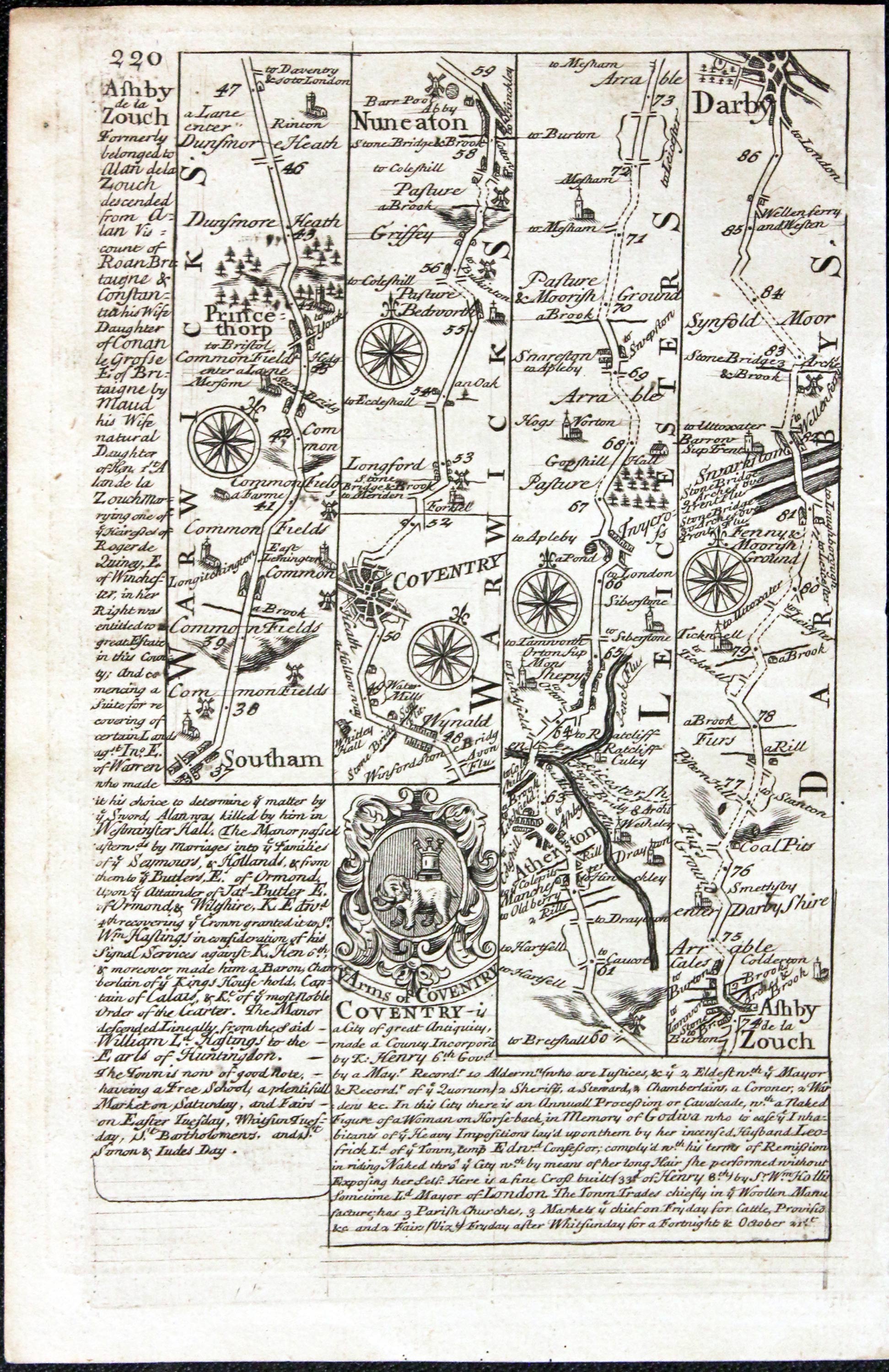 Road map Oxford, Banbury, Southam, Coventry, Nuneaton, Ashby, Derby Owen/Bowen c.1730