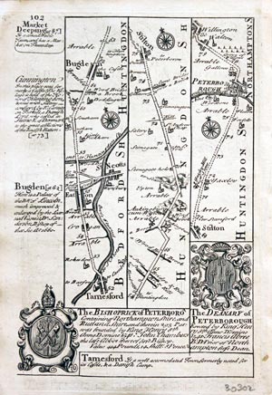 Road map Tamesford to Peterborough. Owen/Bowen c.1730