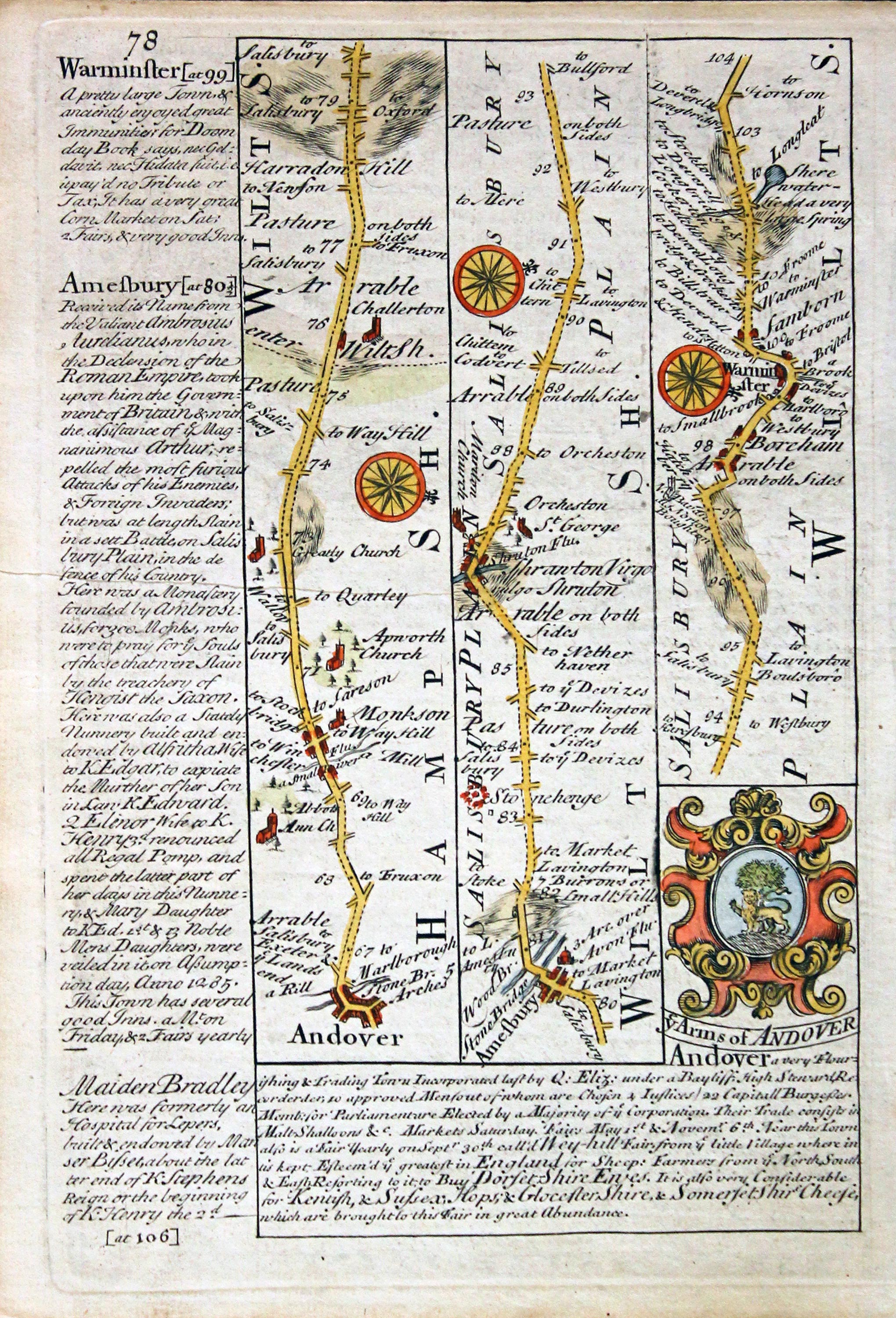 Road map Andover to Warminster. Owen/Bowen c.1730