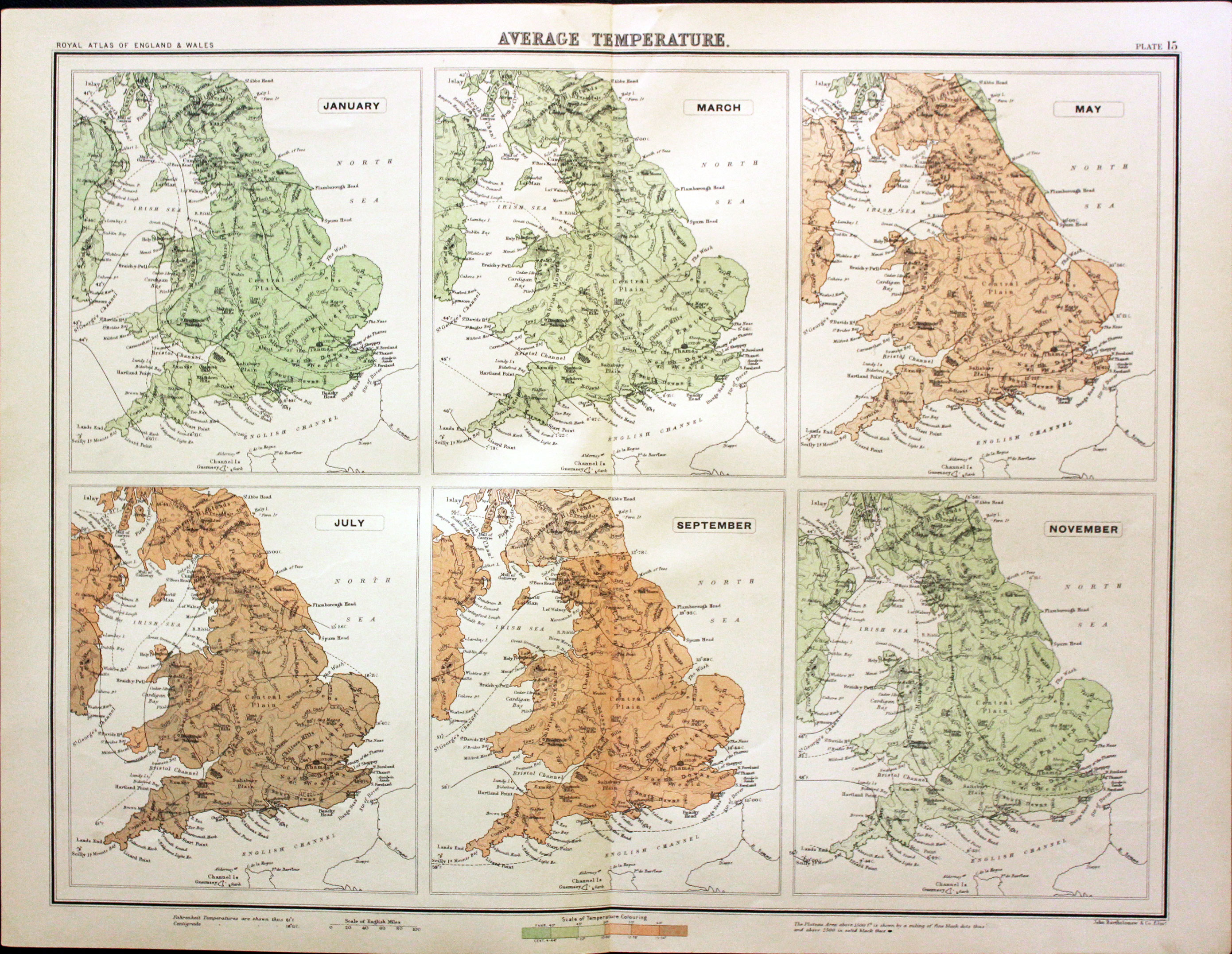 England and Wales - Average Temperature, John Bartholomew, c.1895