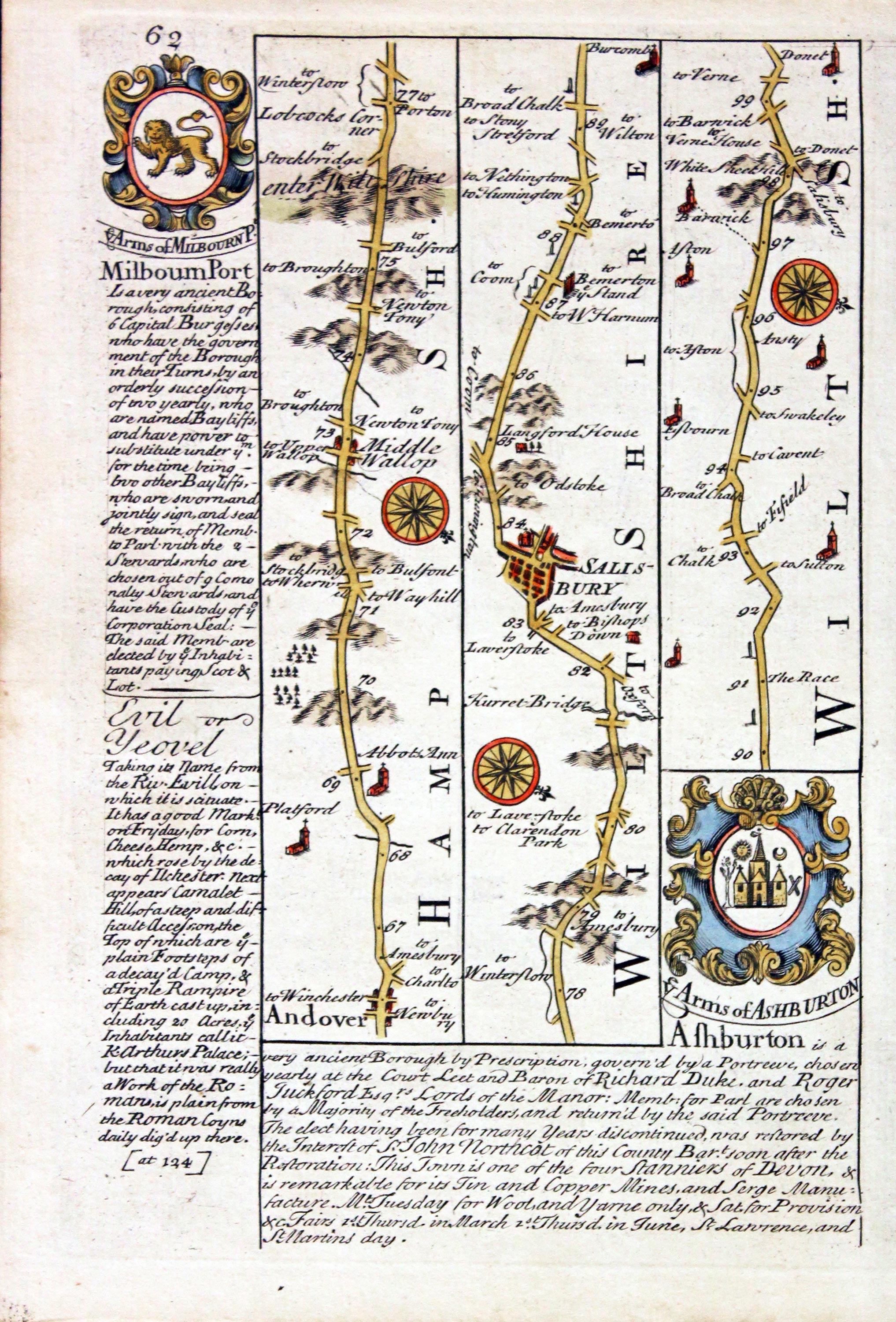 Road map Basingstoke to Salisbury. Owen/Bowen c.1730