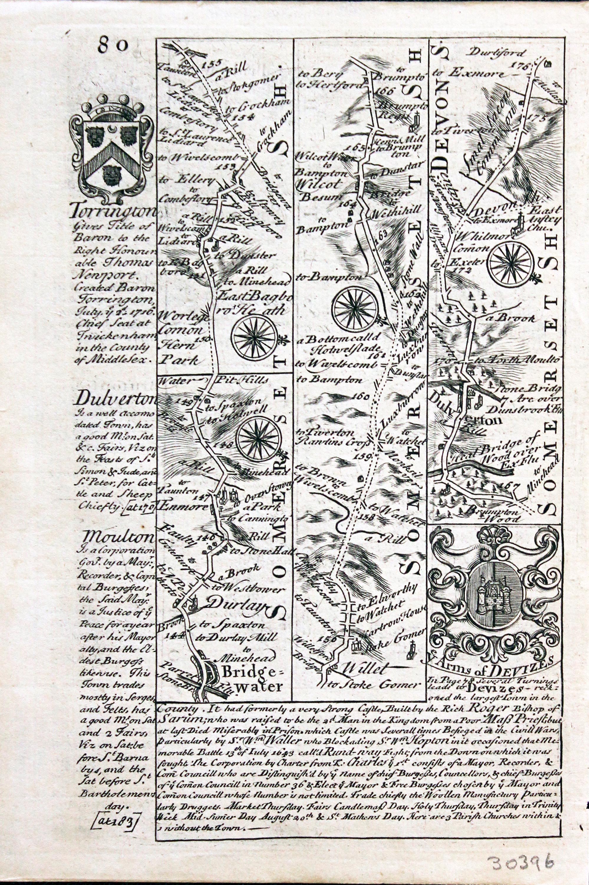 Road map Buton to Dulverton. Owen/Bowen c.1730