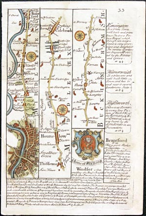 Road map London to Abingdon. Owen/Bowen c.1730