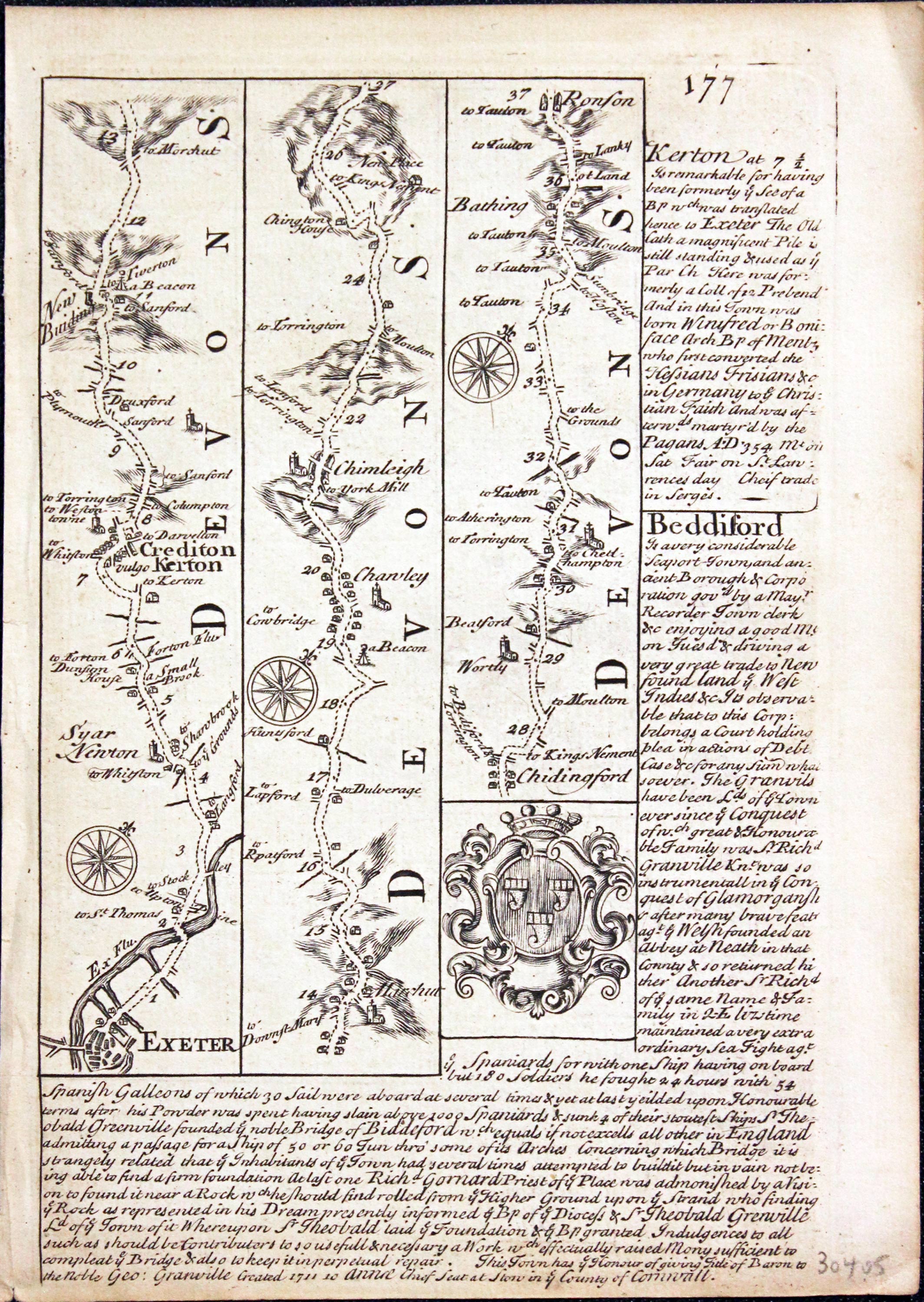 Road map Exeter, Crediton, Barnstaple, Ilfracombe, Bideford, Torrington Owen/Bowen c.1730