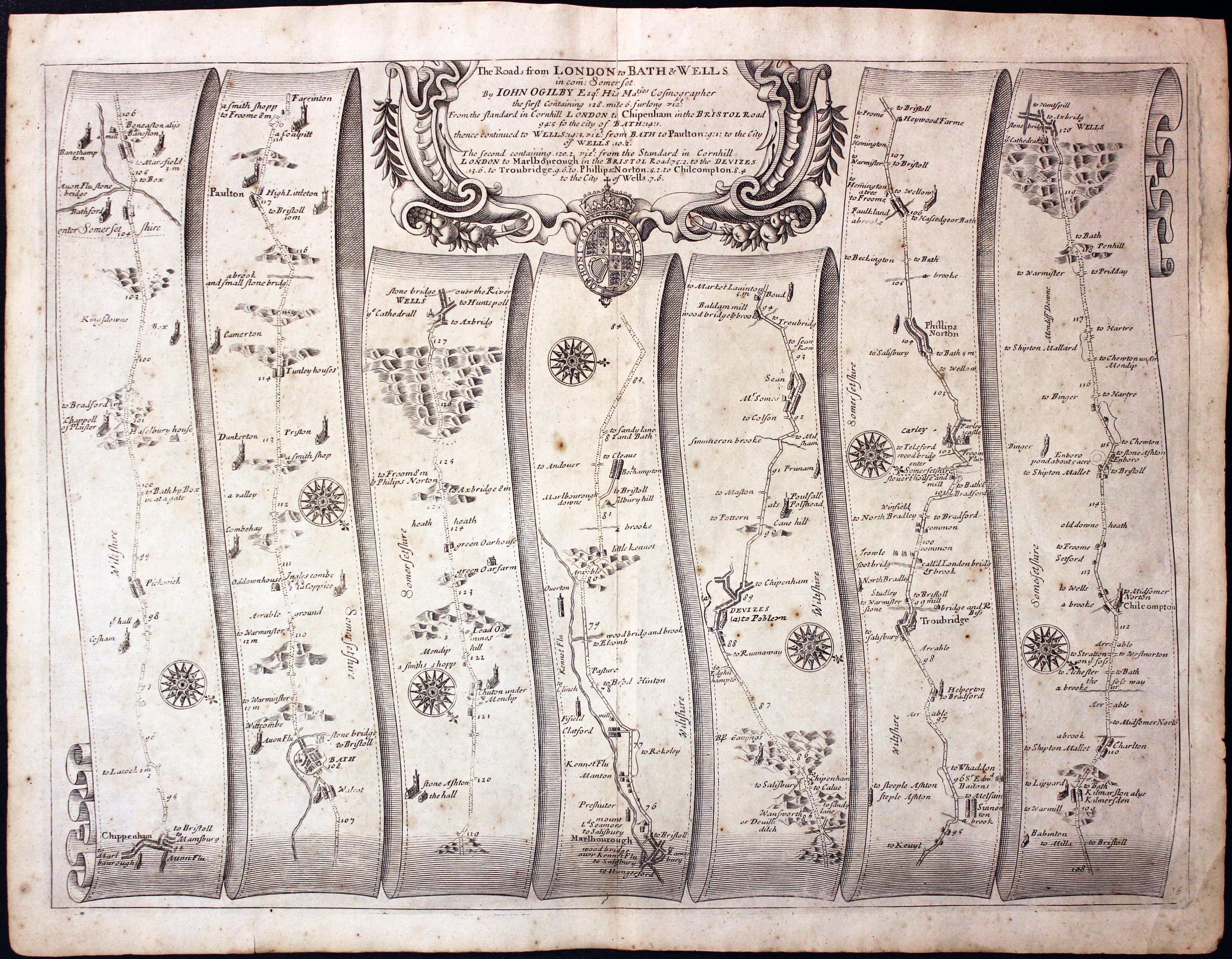 Chippenham, Bath, Wells, Marlborough, Devizes, Trowbridge, Wells, John Ogilby 1698  Chippenham, Bath, Wells, Marlborough, Devizes, Trowbridge, Wells, John Ogilby 1698
